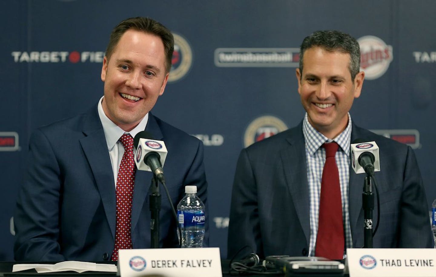 New Twins Chief Baseball Officer Derek Falvey, left, and Senior Vice President and General Manager Thad Levine were all smiles after they were introduced and fielded questions during a news conference at Target Field on Monday.