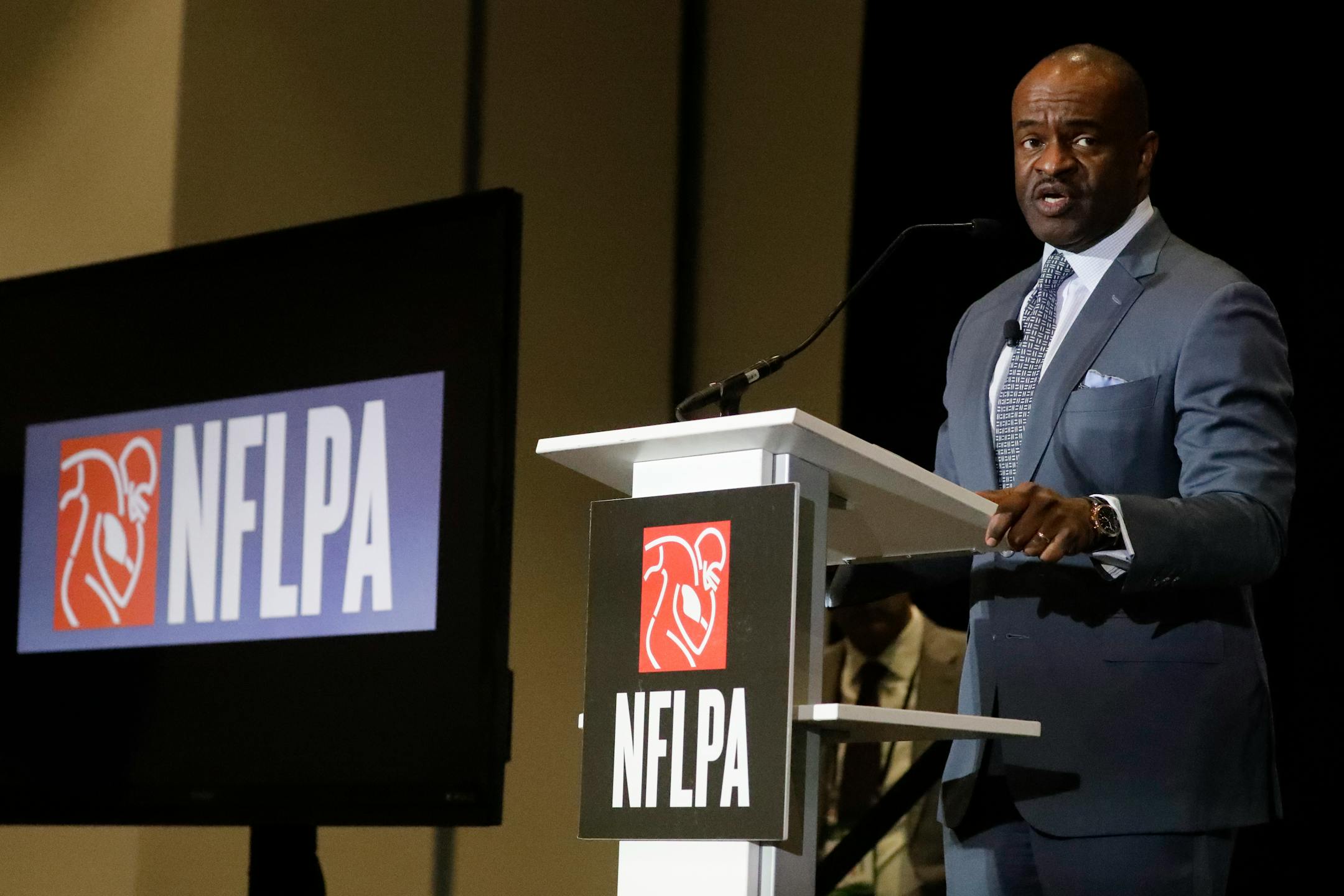 Executive director DeMaurice Smith, of the NFL Players Association, speaks at the annual state of the union news conference Thursday, Jan. 30, 2020, in Miami Beach, Fla., The San Francisco 49ers will face the Kansas City Chiefs in the NFL Super Bowl 54 football game Sunday. (AP Photo/Chris Carlson)