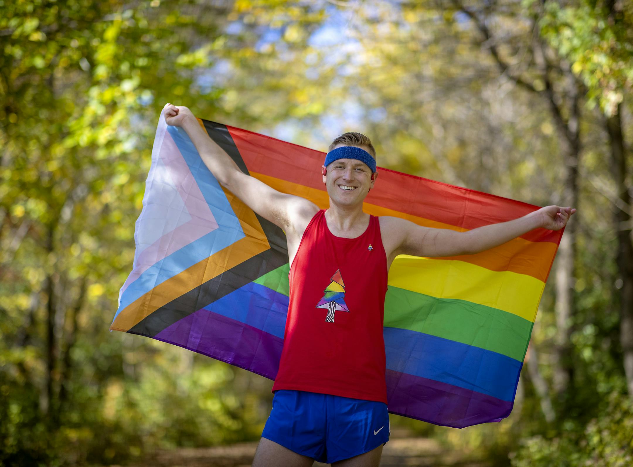 Mikah Meyer ran his final yards for the morning at Flicek Park, Wednesday, October 7, 2020 in Maplewood, MN. Meyer is on the verge of completing his run across Minnesota. He's launched a program to bring attention to what he says is fact: People in the LGBQT community don't feel safe in the outdoors, and he intentionally ran through parts of greater Minnesota to carry that message. ] ELIZABETH FLORES • liz.flores@startribune.com