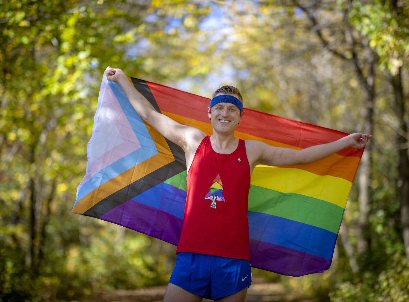 Mikah Meyer ran his final yards for the morning at Flicek Park, Wednesday, October 7, 2020 in Maplewood, MN. Meyer is on the verge of completing his run across Minnesota. He's launched a program to bring attention to what he says is fact: People in the LGBQT community don't feel safe in the outdoors, and he intentionally ran through parts of greater Minnesota to carry that message. ] ELIZABETH FLORES • liz.flores@startribune.com