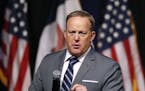 FILE - In this Nov. 8, 2017, file photo, former White House press secretary Sean Spicer speaks during the Republican Party of Iowa's annual Reagan Din