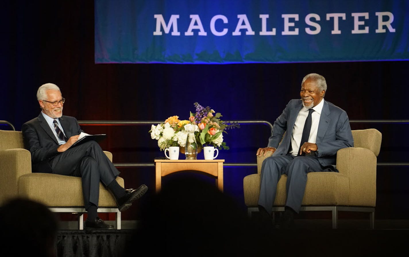 Kofi Annan, former Secretary-General of the United Nations and Macalster President Brian Rosenberg engaged in a conversation about world events. Annan visited his school Macalester for the dedication of the Kofi Annan Institute for Global Citizenship.] Richard Tsong-Taatarii&#xef;rtsong-taatarii@startribune.com