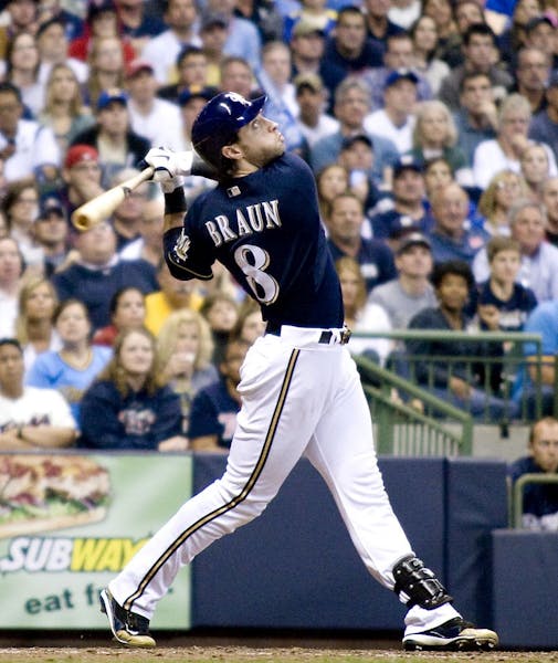 Milwaukee Brewers left fielder Ryan Braun watches his pop-up against the Minnesota Twins during a baseball game, Friday, June 24, 2011, in Milwaukee.