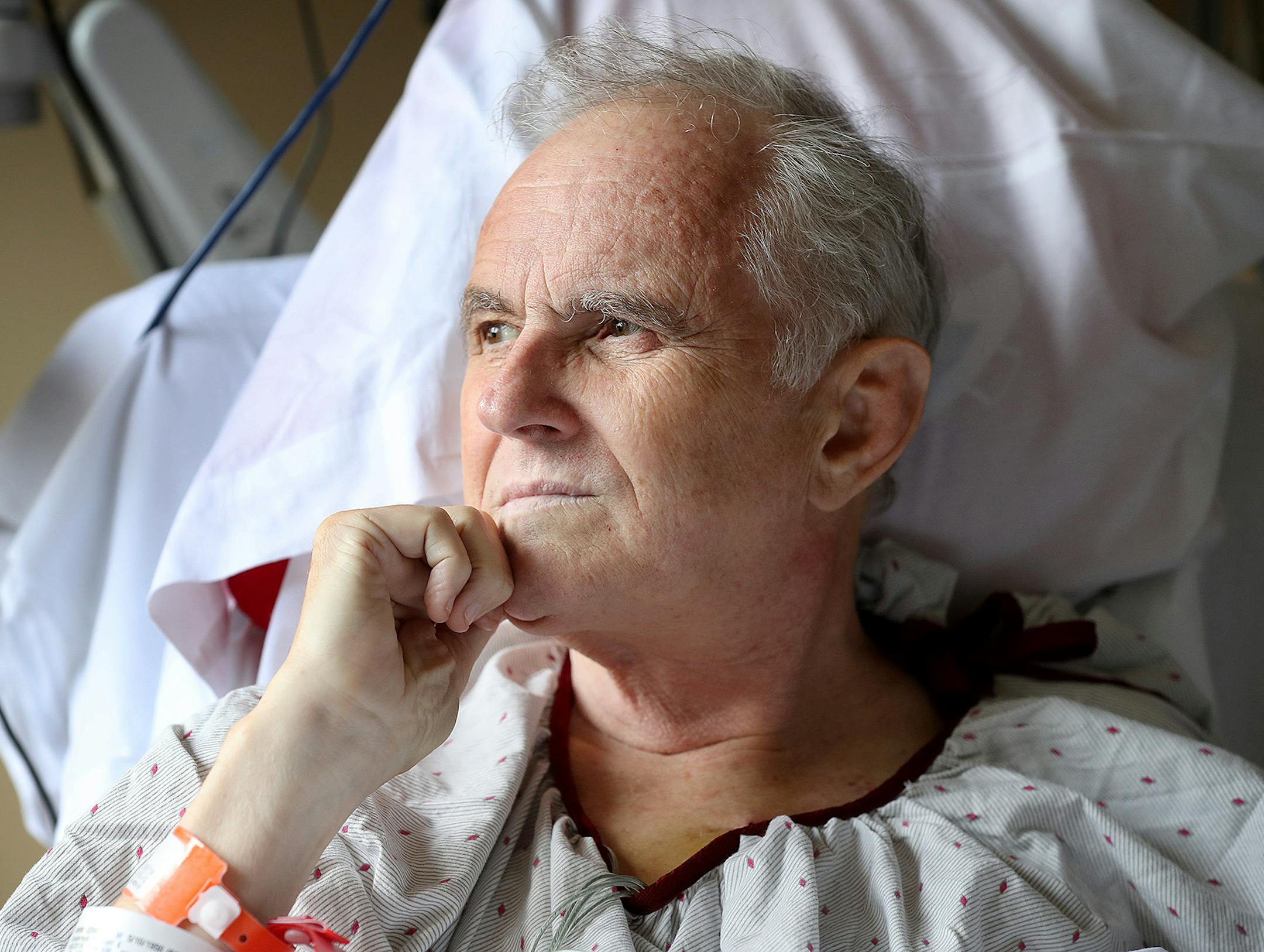 HCMC patient and Jehovah's Witness Minister Michael K. Anderson, who underwent a bloodless emergency bypass procedure after a heart attack, sat in his hospital room, Tuesday, September 14, 2016 in Minneapolis, MN. HCMC in Minneapolis has made blood surgery part of its patient order set, meaning it is considered for every patient as part of initial screening. Bloodless surgery is an increasing practice as hospitals prepare for the religious wishes of Jehovah's Witness patients. ] (ELIZABETH FLORE
