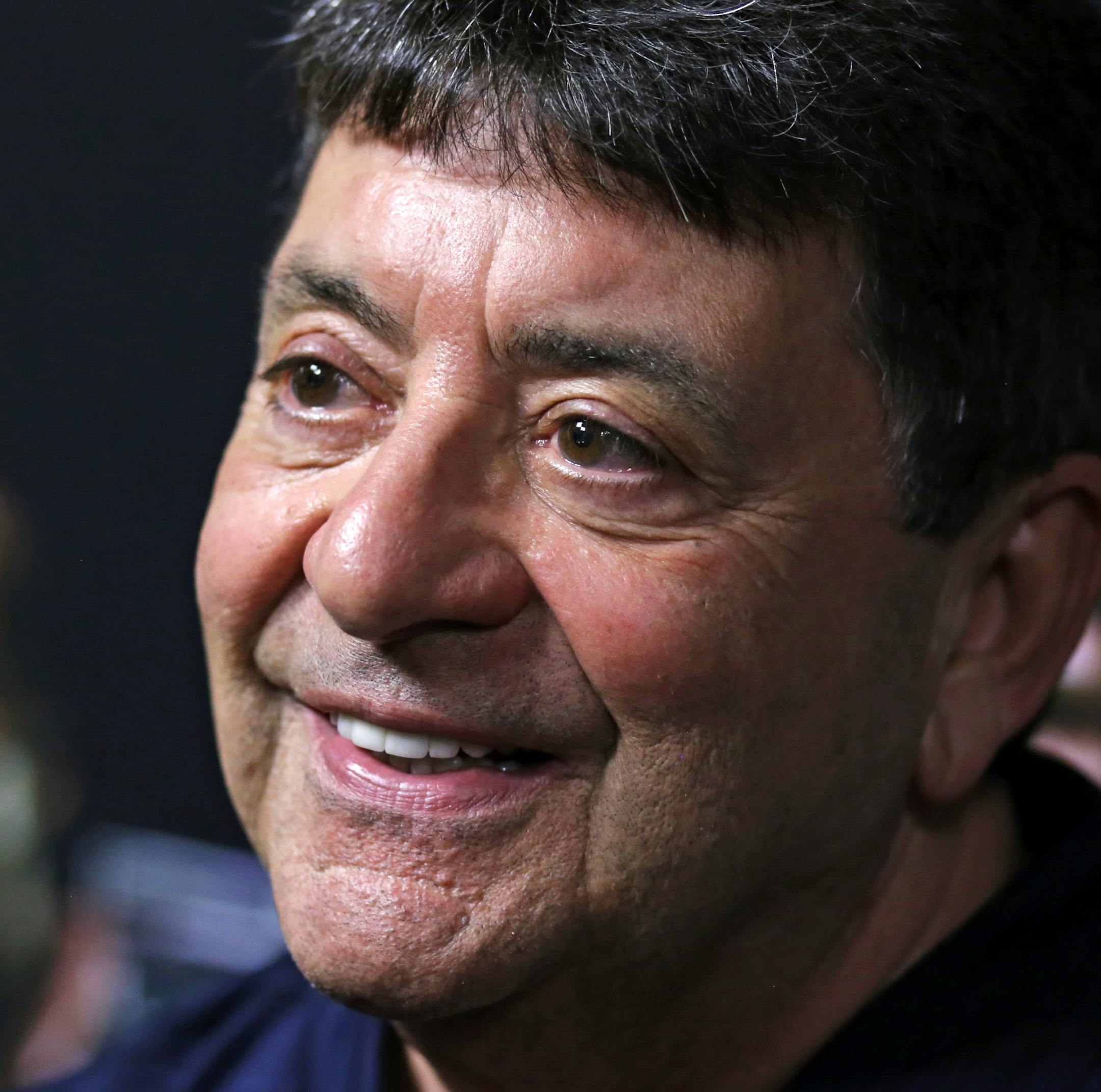 Pro Football Hall of Fame 2016 inductee Edward J. DeBartolo, Jr., talks with reporters Friday, Aug. 5, 2016, in Canton, Ohio. (AP Photo/Gene J. Puskar)