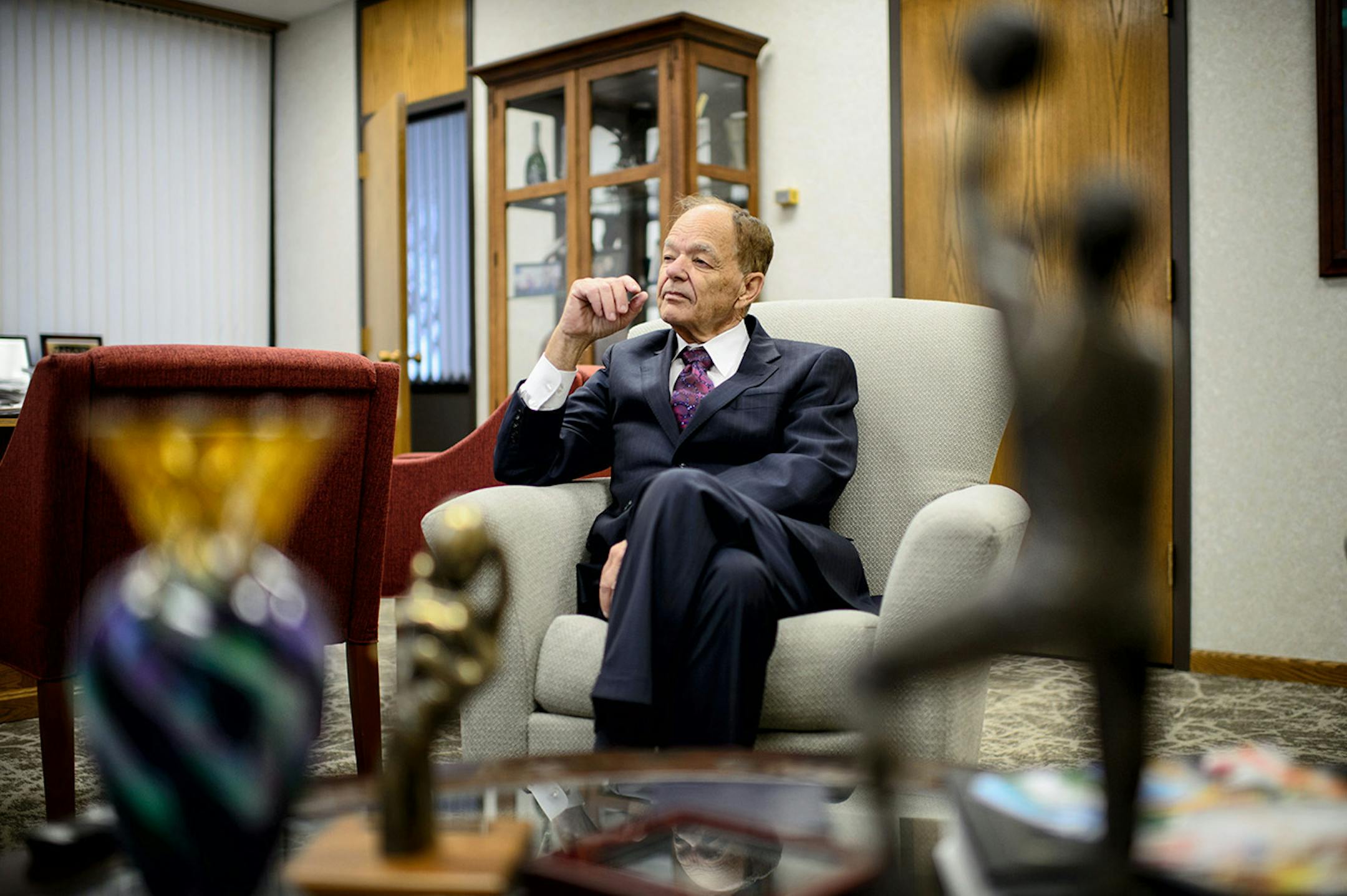 Glen Taylor in his North Mankato office. On his desk is an artist proof of a George Mikan statue that is on display at the Target Center. ] Thursday, April 24, 2014 GLEN STUBBE * gstubbe@startribune.com EDS: FOR USE ONLY WITH CURT BROWN PROFILE, CHECK WITH DEB PASTNER BEFORE USIG FOR ANY OTHER PURPOSE