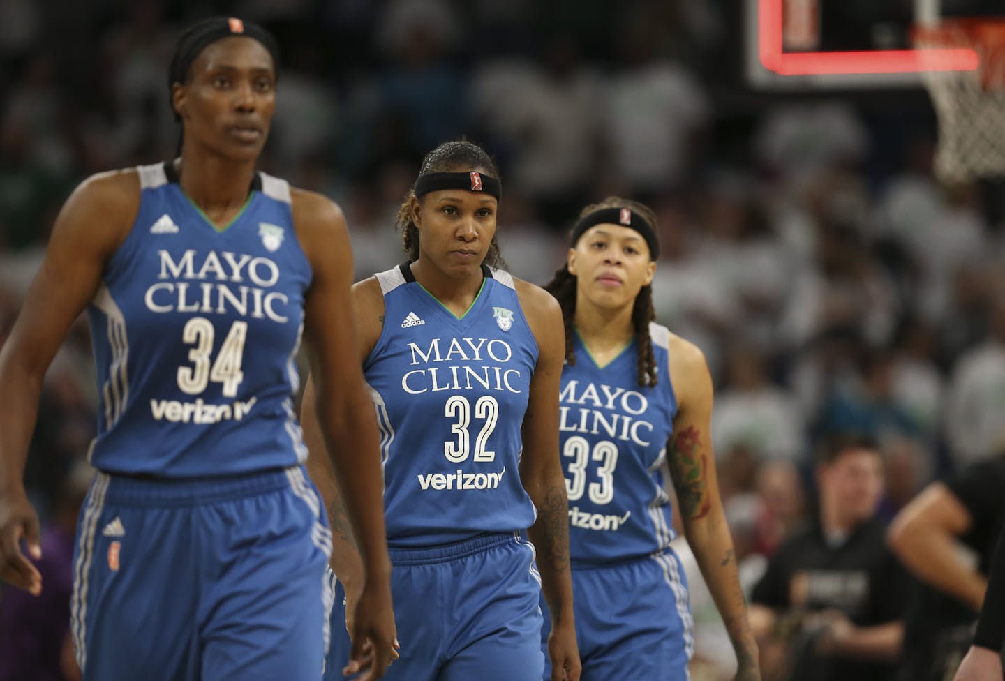 Minnesota Lynx center Sylvia Fowles (34), forward Rebekkah Brunson (32), and guard Seimone Augustus (33) walked towards the bench after the team's loss. ] JEFF WHEELER &#xef; jeff.wheeler@startribune.com Los Angeles Sparks beat the Minnesota Lynx 78-76 with a buzzer beater in Game 1 of their WNBA Championship series Sunday afternoon, October 9, 2016 at Target Center in Minneapolis.