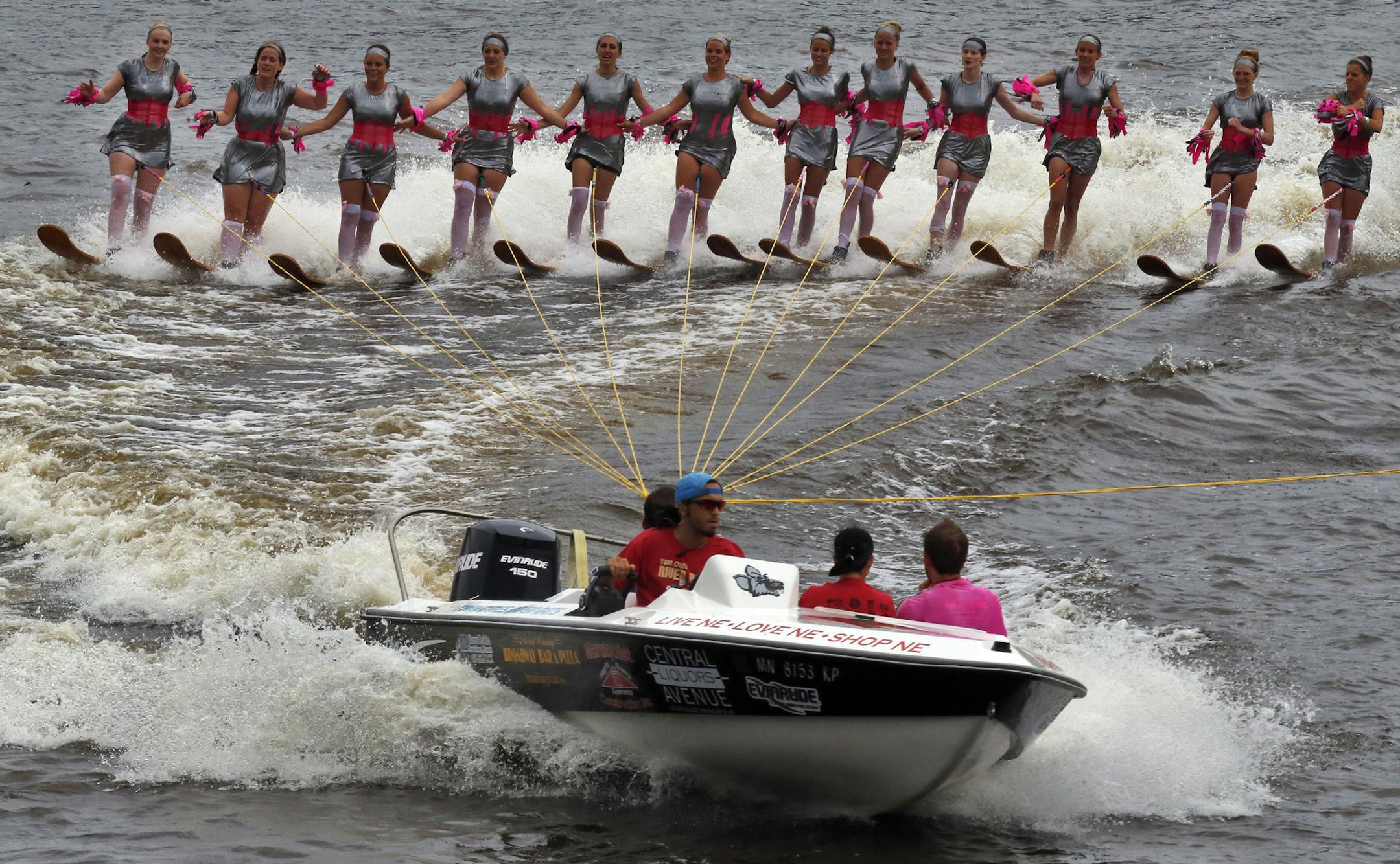 The Twin Cities River Rats Ski Team performed a 'Super Mario World' water ski show on the Mississippi River in downtown Minneapolis Saturday. Towering pyramids, ramp jumpers and barefoot skiers were all part of the program free to the public. The womens dance line and ski team performed. (MARLIN LEVISON/STARTRIBUNE(mlevison@startribune.com