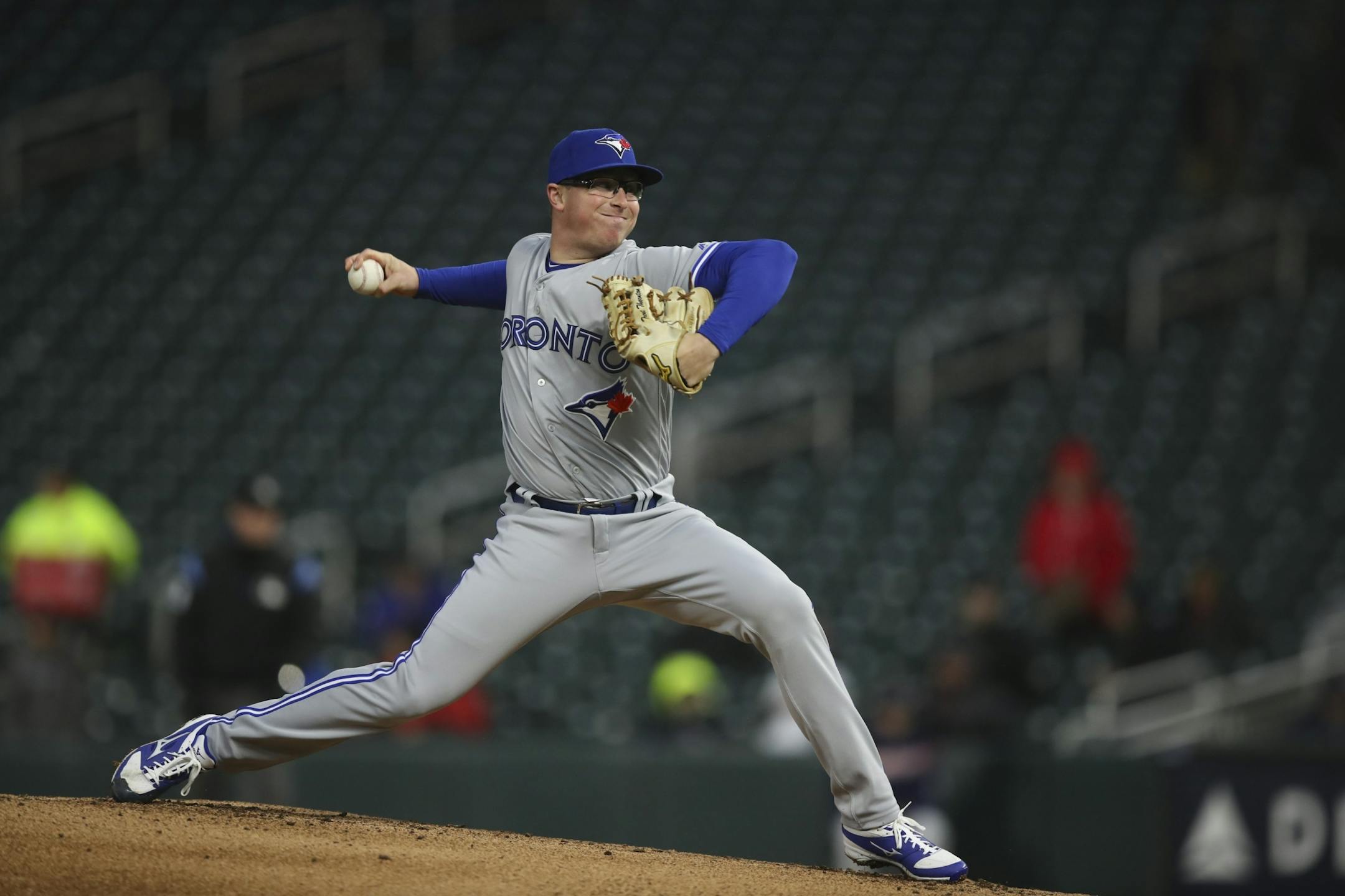 Toronto Blue Jays starting pitcher Trent Thornton throwing against the Twins in the first inning.