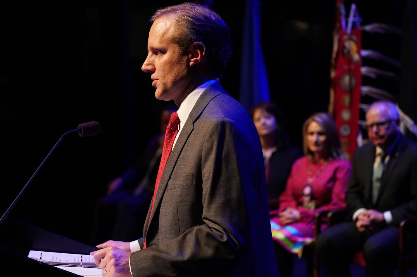 Secretary of State Steve Simon spoke after taking the oath of office at the Fitzgerald Theater in St. Paul, Minn. ] ANTHONY SOUFFLE • anthony.souffle@startribune.com Inauguration Day. Tim Walz will be sworn in as Minnesota's 41st governor, and constitutional officers Attorney General Keith Ellison, Secretary of State Steve Simon and State Auditor Julie Blaha will take their oaths of office as well.