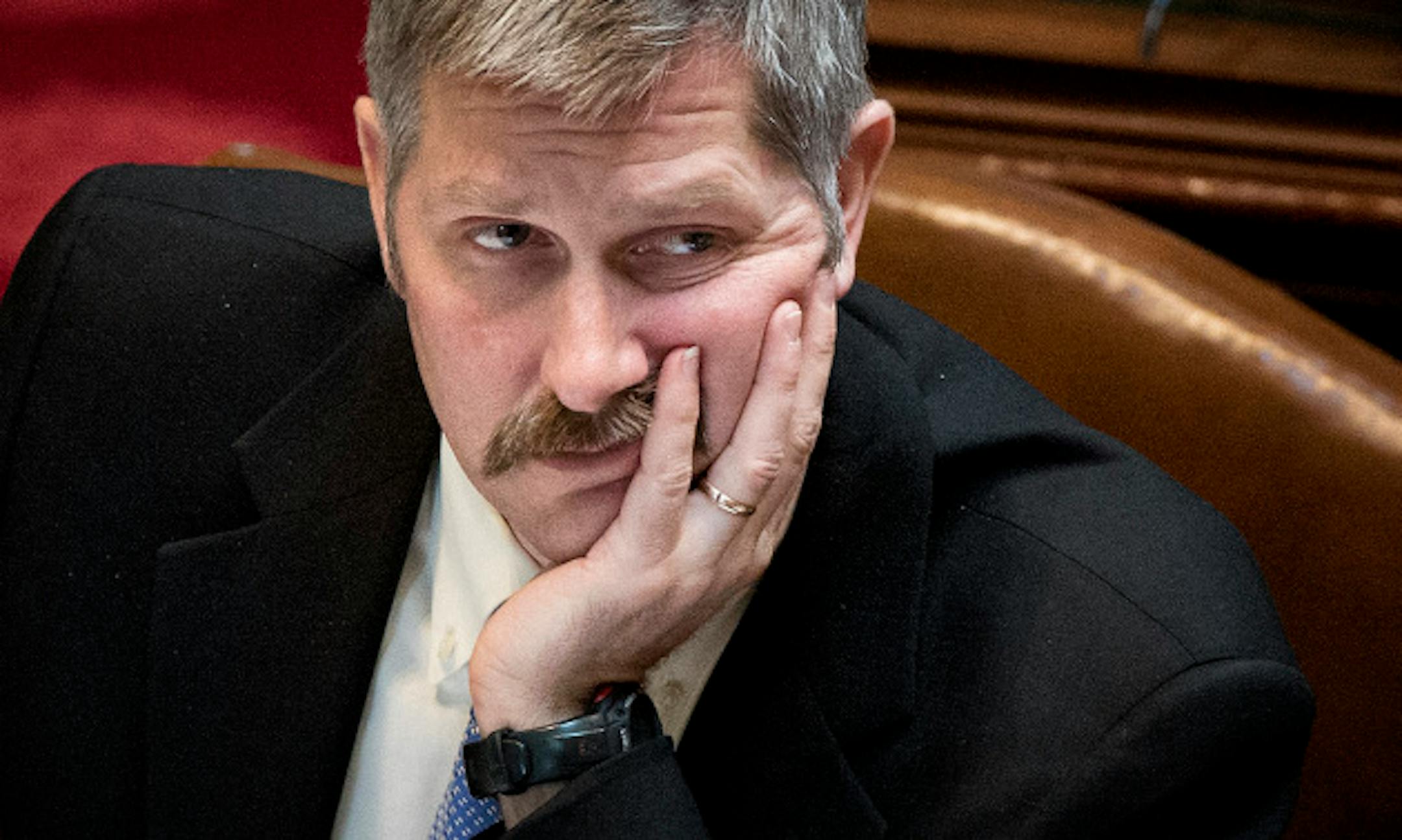 DFL Senator Tony Lourey listened as GOP senators debated over the make up of the board of the health insurance exchange in the bill he sponsored on the Senate floor.  This was the first of over 95 amendments lined up to be debated, Thursday, March 7, 2013.      ]   GLEN STUBBE * gstubbe@startribune.com