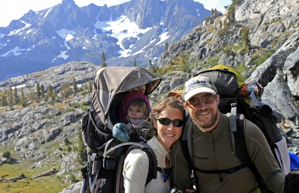 Rachel and David Liechty, with their daughter Hazel, in the Ansel Adams Wilderness on the Pacific Coast Trail.