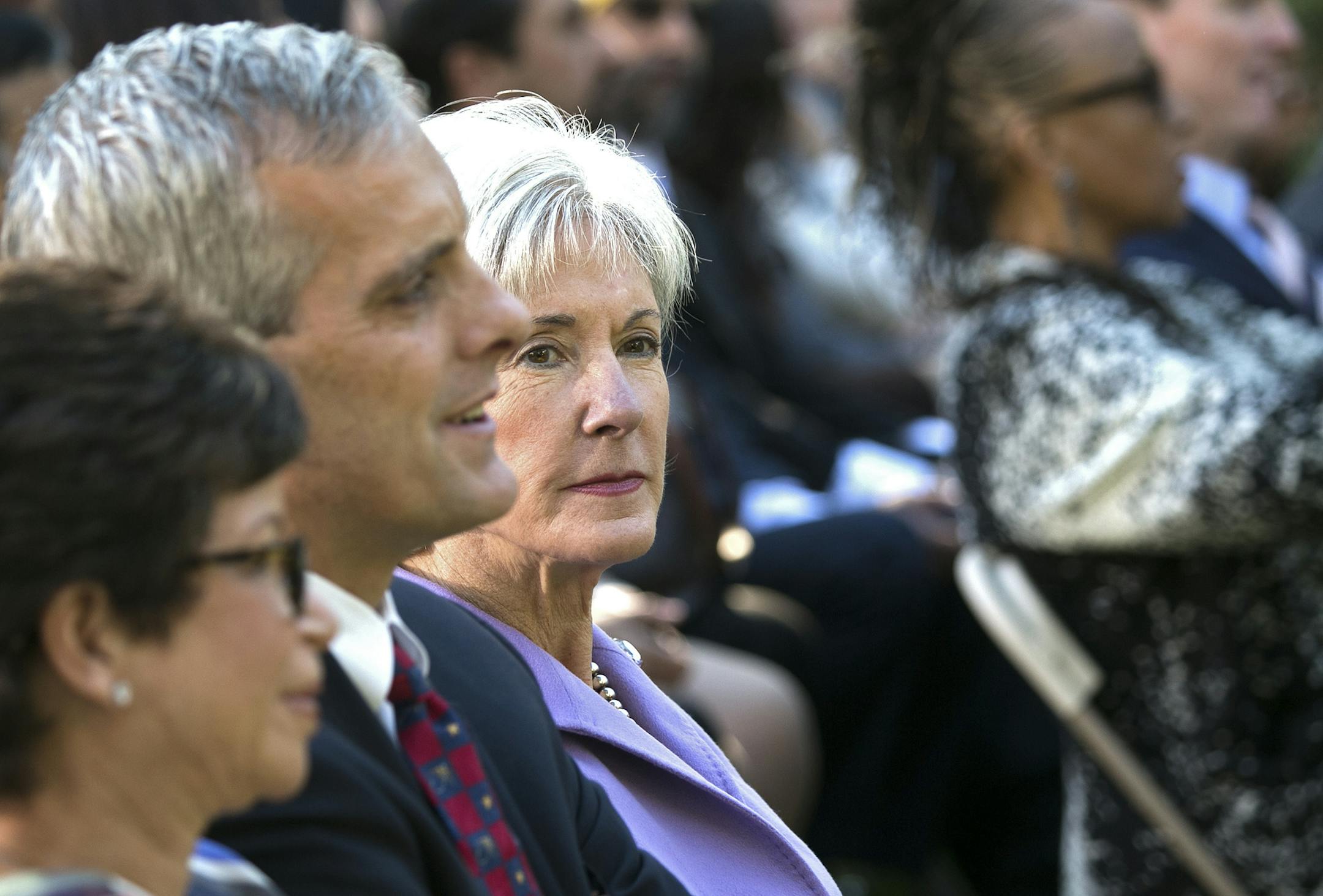 Kathleen Sebelius, right, secretary of health and human services, Denis McDonough, White House chief of staff, and Valerie Jarrett, a senior advisor to the preesident, prior to Obama's remarks about the Affordable Care Act, at the White House in Washington, Oct. 22, 2013. Sebelius has faced a barrage of criticism for the botched rollout of the online insurance exchange. But the health secretary was far more immersed in developing policy related to the law, and in promoting it, than in the techni