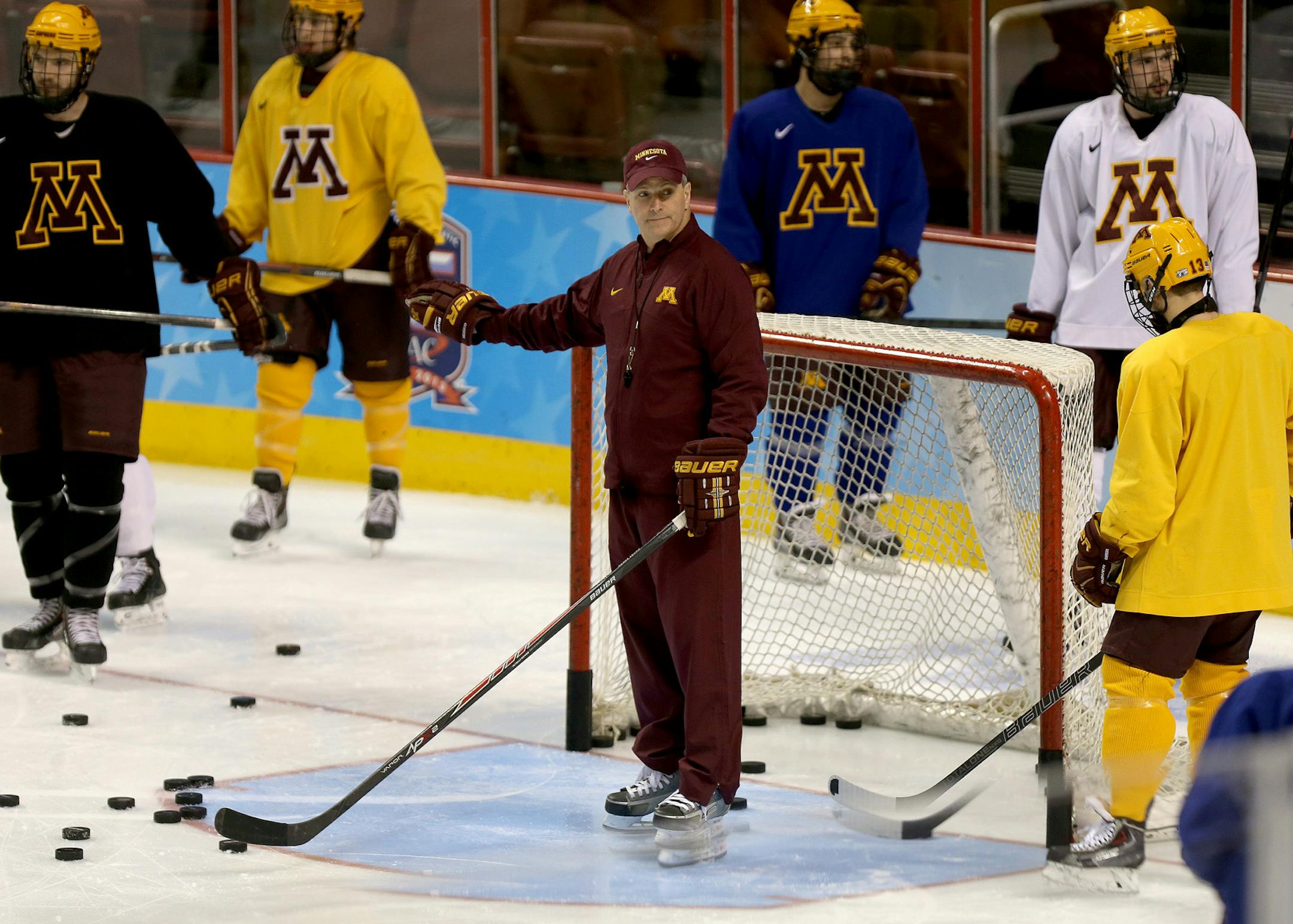 Gophers head coach Don Lucia took to the ice with his team for practice Friday, April 11, 2014 at the Wells Fargo Center in Philadelphia, PA. They will take on Union for the Frozen Four championship.
