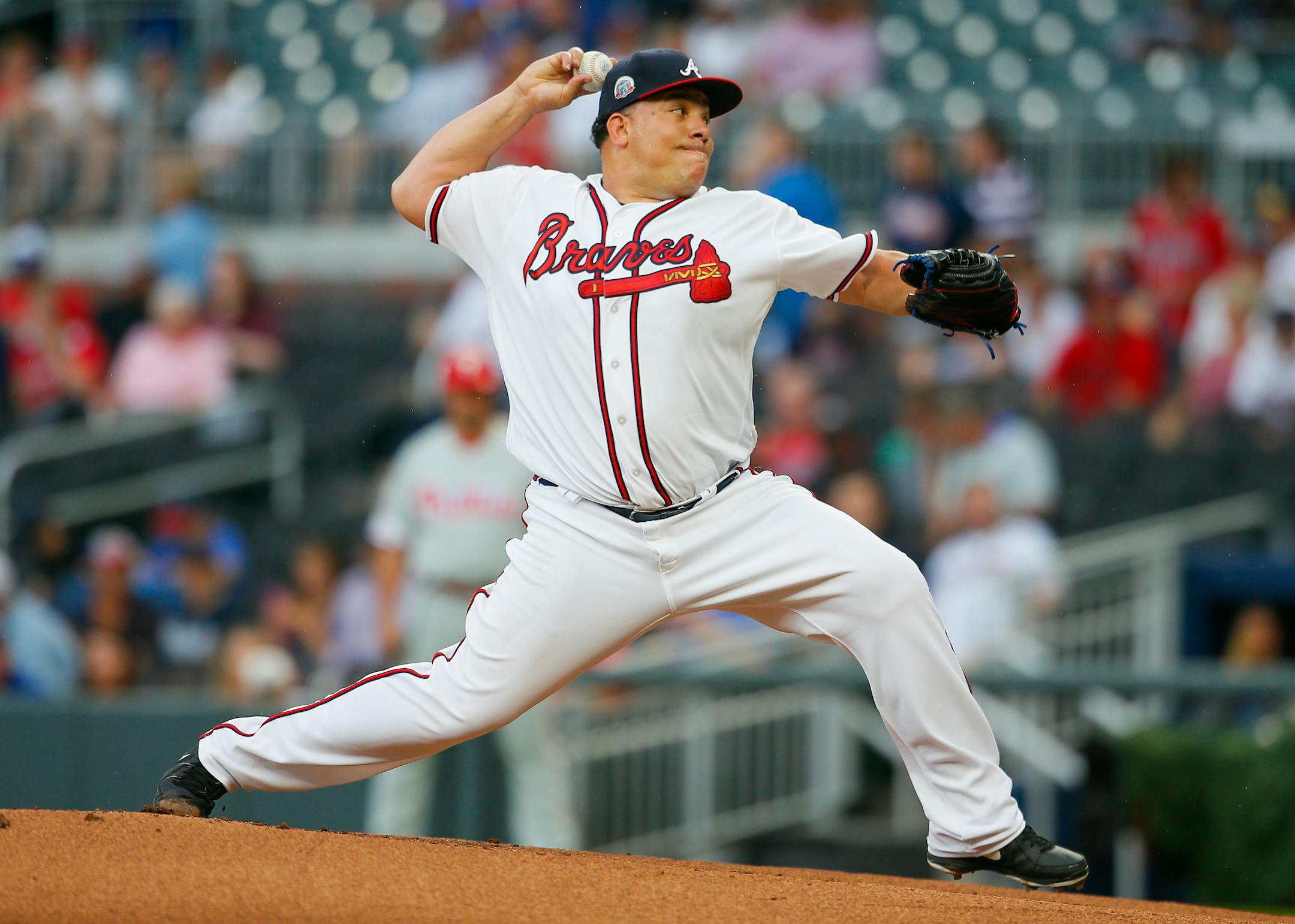 Atlanta Braves starting pitcher Bartolo Colon (40) delivers in the first inning of a baseball game against the Philadelphia Phillies, Monday, June 5, 2017, in Atlanta. (AP Photo/Todd Kirkland)