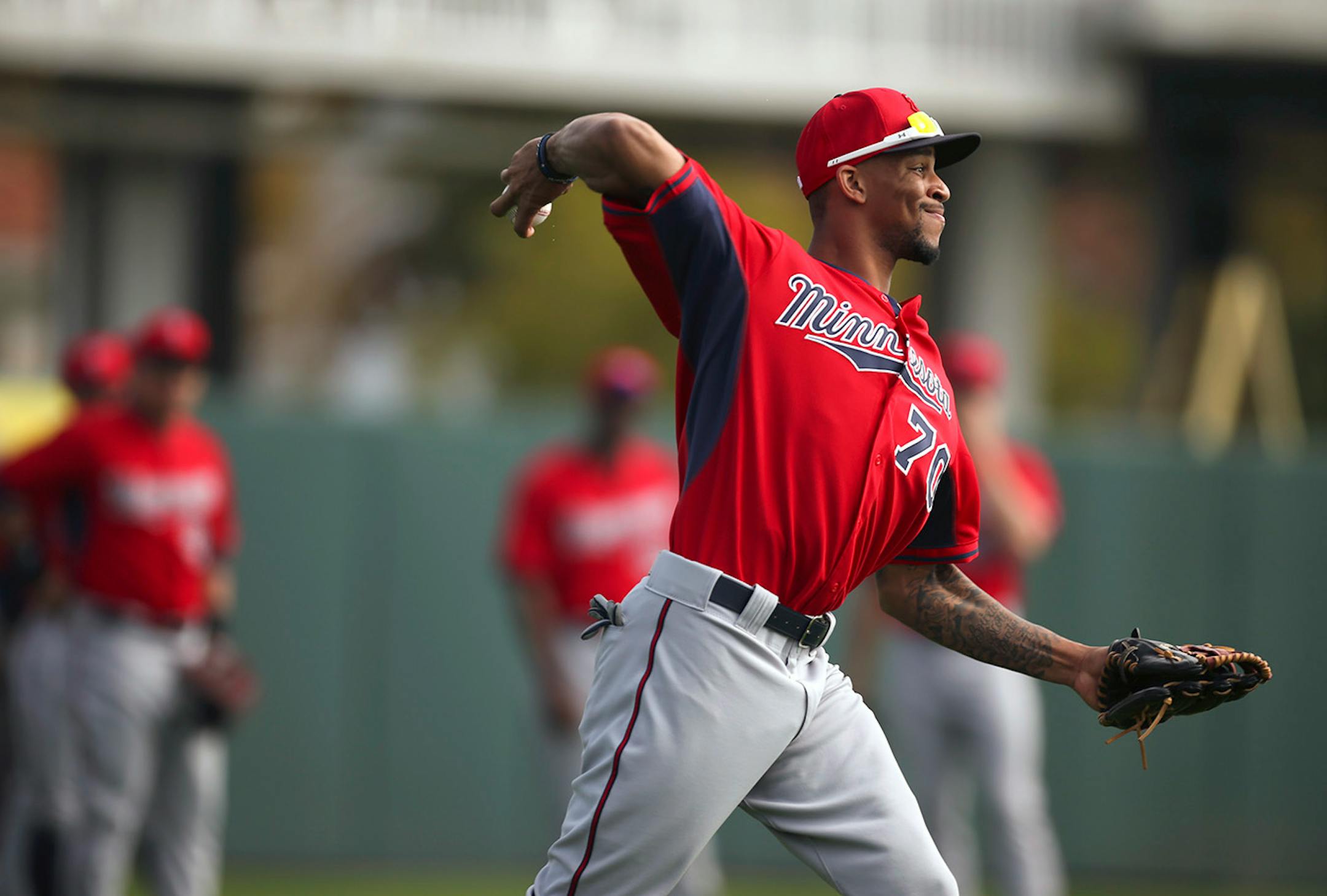Minnesota Twins center fielder Byron Buxton threw during a fielding drill for outfielders Saturday morning at Hammond Stadium.