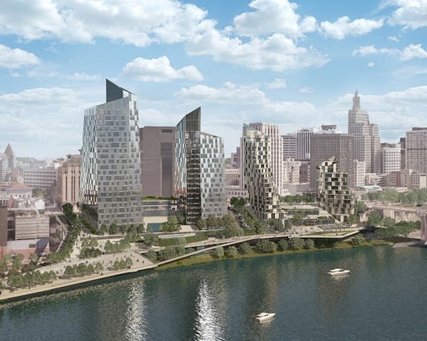 AECOM envisions three towers overlooking St. Paul's waterfront that would include apartments, a hotel and condos and office space. Plans also call for