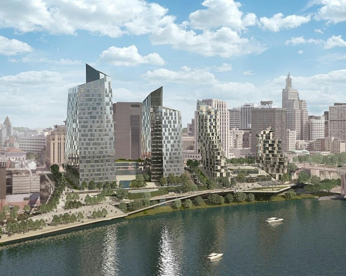 AECOM envisions three towers overlooking St. Paul's waterfront that would include apartments, a hotel and condos and office space. Plans also call for creating public space over existing right of way and access to the river.