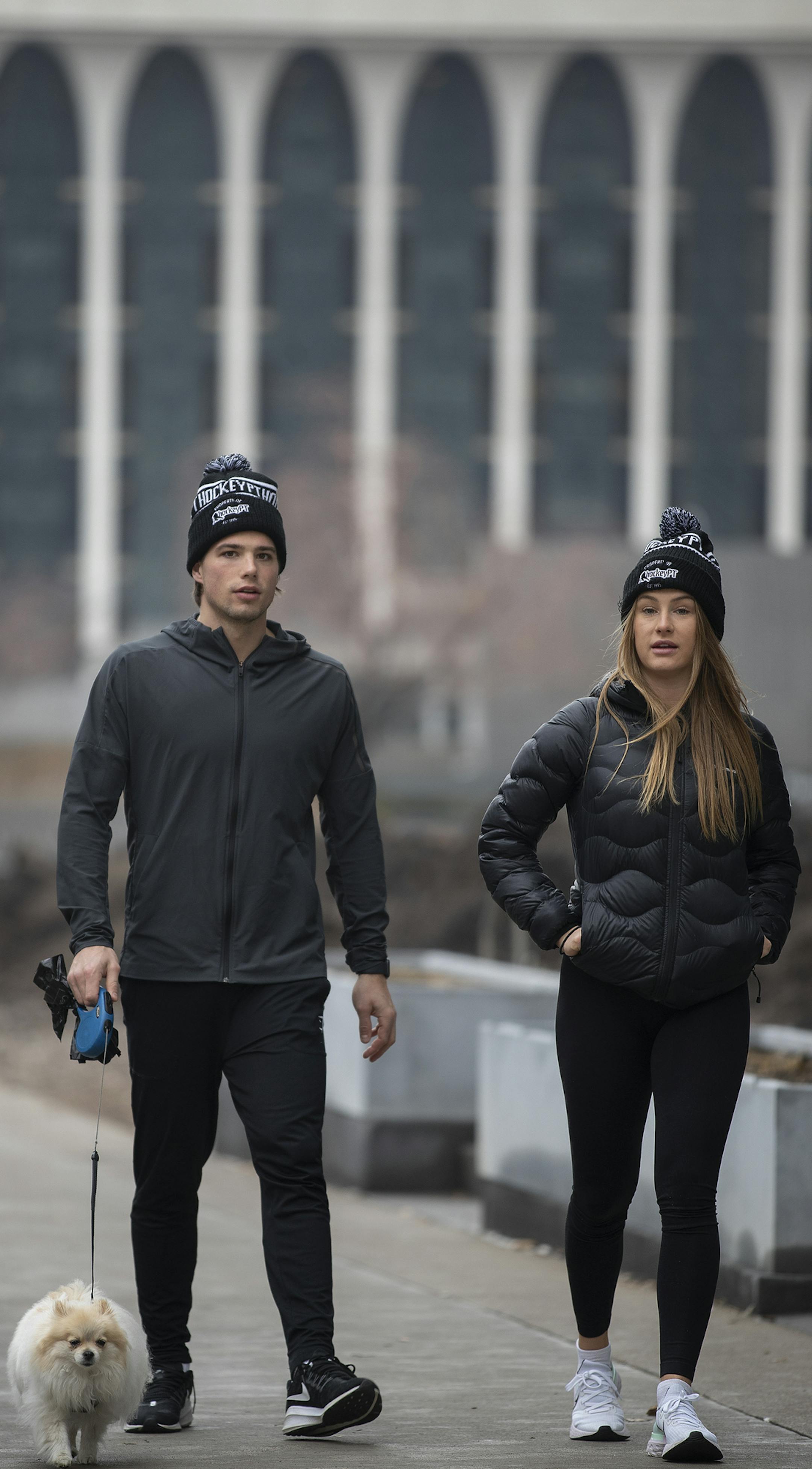 Minnesota Wild scoring leader Kevin Fiala and his girlfriend Jessica Ljung walked his dog Foxi, on the Nicollet Mall .] Jerry Holt •Jerry.Holt@startribune.com Minnesota Wild scoring leader Kevin Fiala is flying home to Switzerland later this week after waiting out the NHL shutdown he walked his dog Foxi on Wednesday March 25, 2020 in Minneapolis , MN.