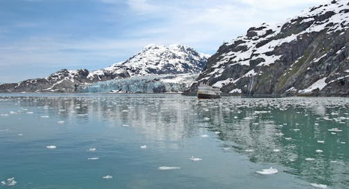 Glacier Bay channel near Margerie Glacier in Alaska, view of water and mountains.