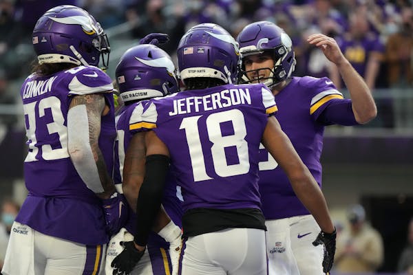 The Vikings celebrated a touchdown in the final game of last season against Chicago.