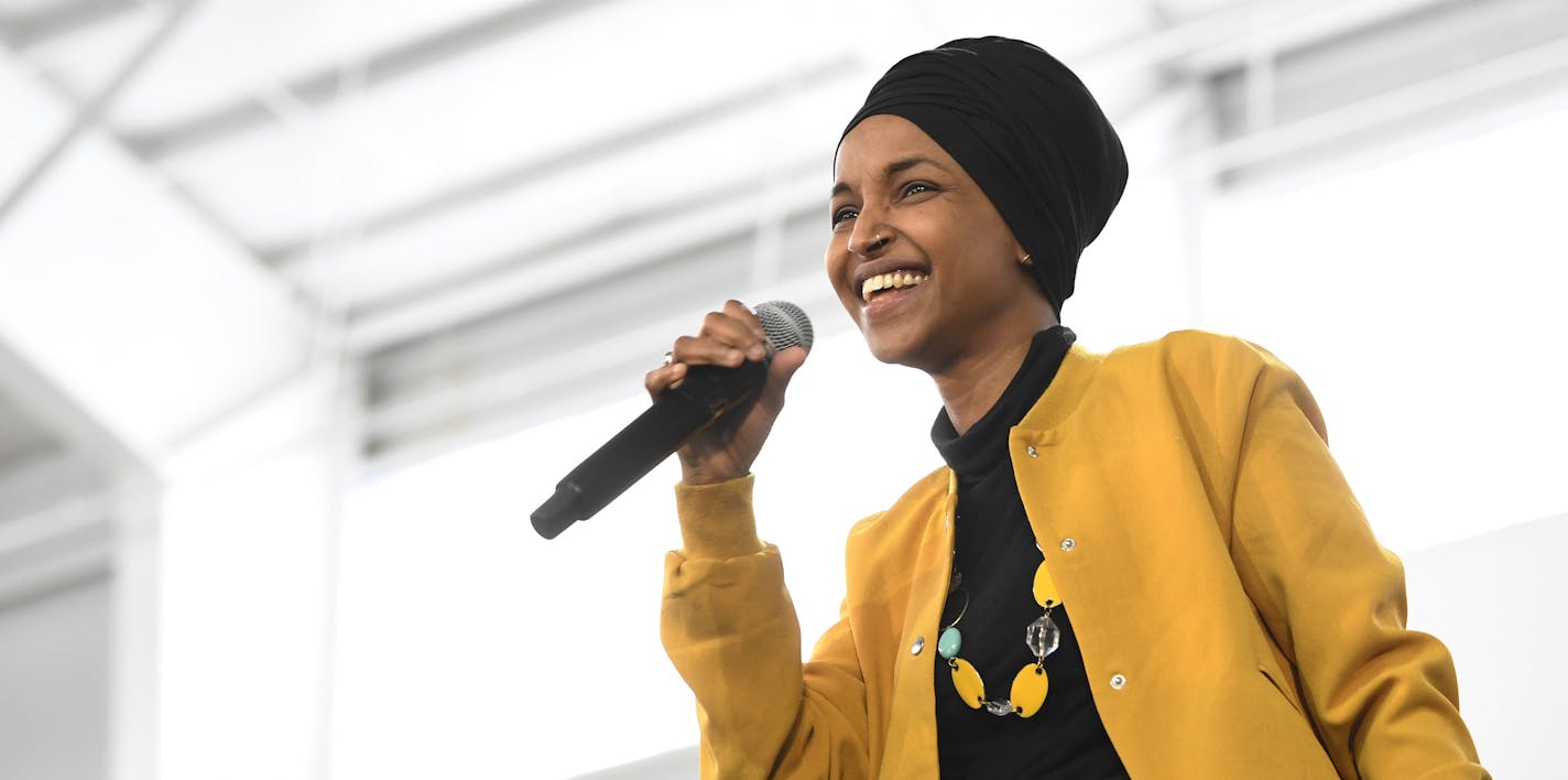 Rep. Ilhan Omar, D-Minn., speaks before introducing Democratic presidential candidate Sen. Bernie Sanders, I-Vt., at a campaign rally in Springfield, Va., Saturday, Feb. 29, 2020. (AP Photo/Susan Walsh)