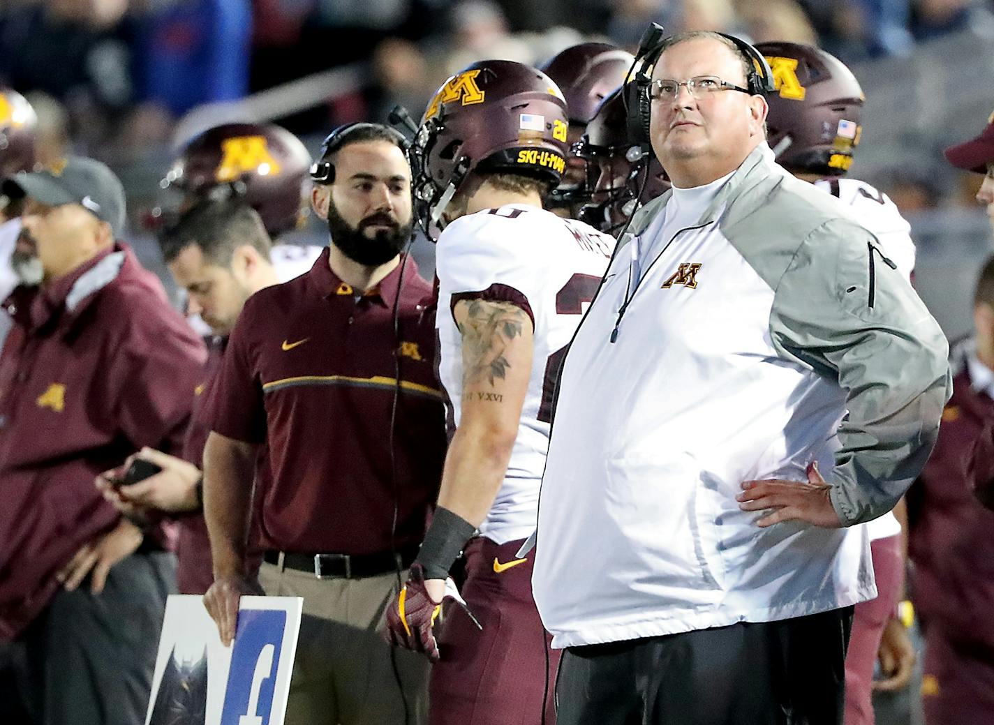 Minnesota's head coach Tracy Claeys looked at the scoreboard in the fourth quarter as Minnesota took on Penn State at Beaver Stadium, Saturday, October 1, 2016 in State College, PA.