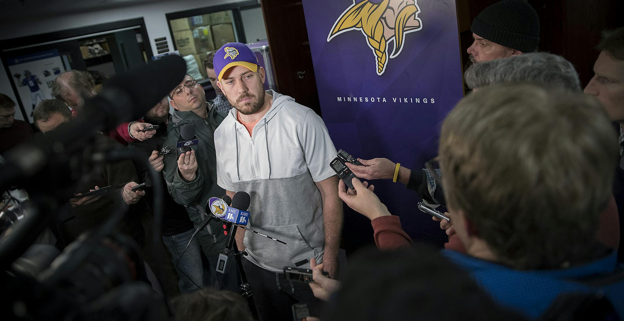 Minnesota Vikings quarterback Case Keenum briefly spoke to the media as he made his way to clean out his locker at Winter Park, Monday, January 22, 2018 in Eden Prairie, MN. ] ELIZABETH FLORES ï liz.flores@startribune.com