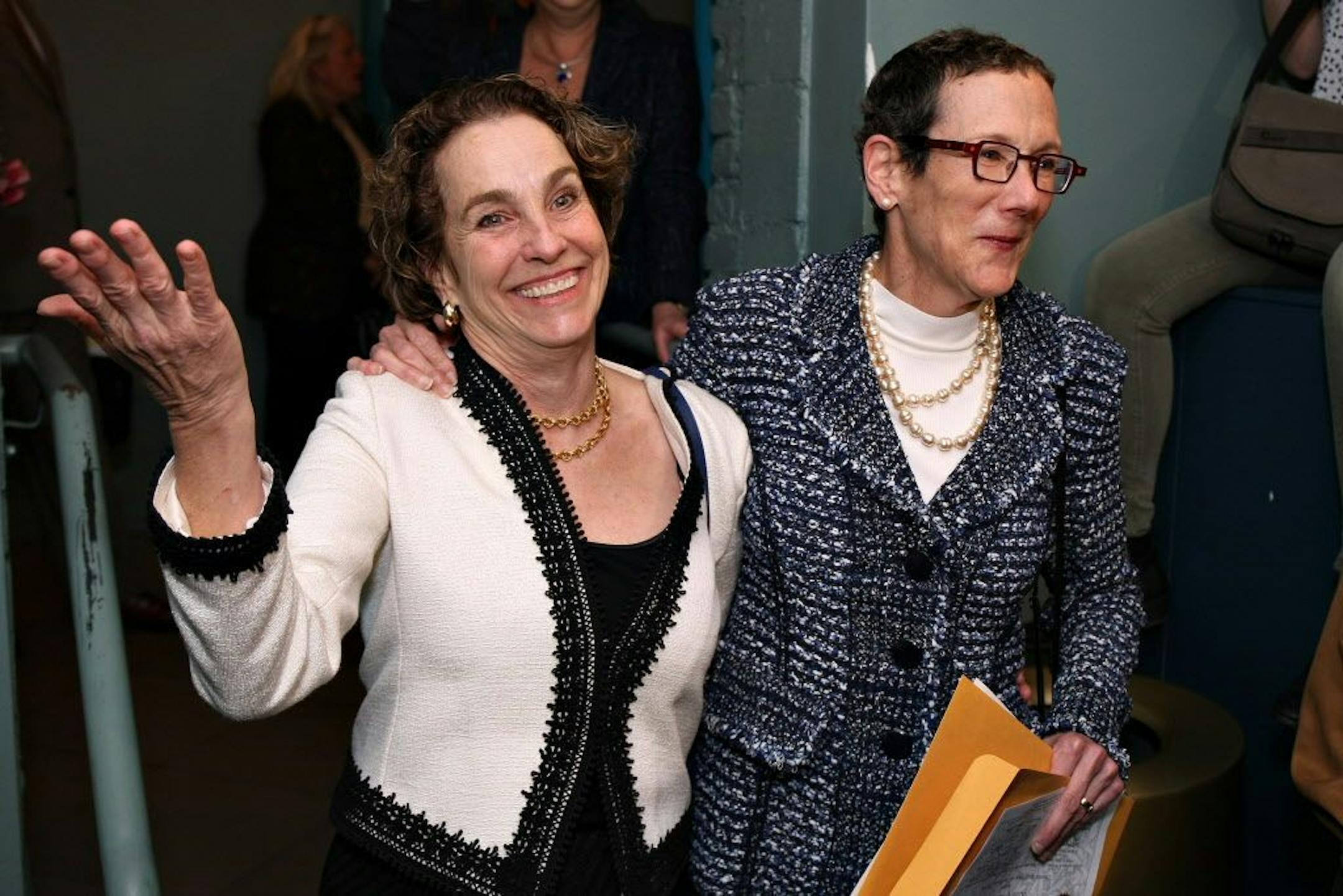 Suzanne Bryant, left, and Sarah Goodfriend celebrate after being granted a marriage license in Austin, Texas, on Thursday evening, Feb. 19, 2015.