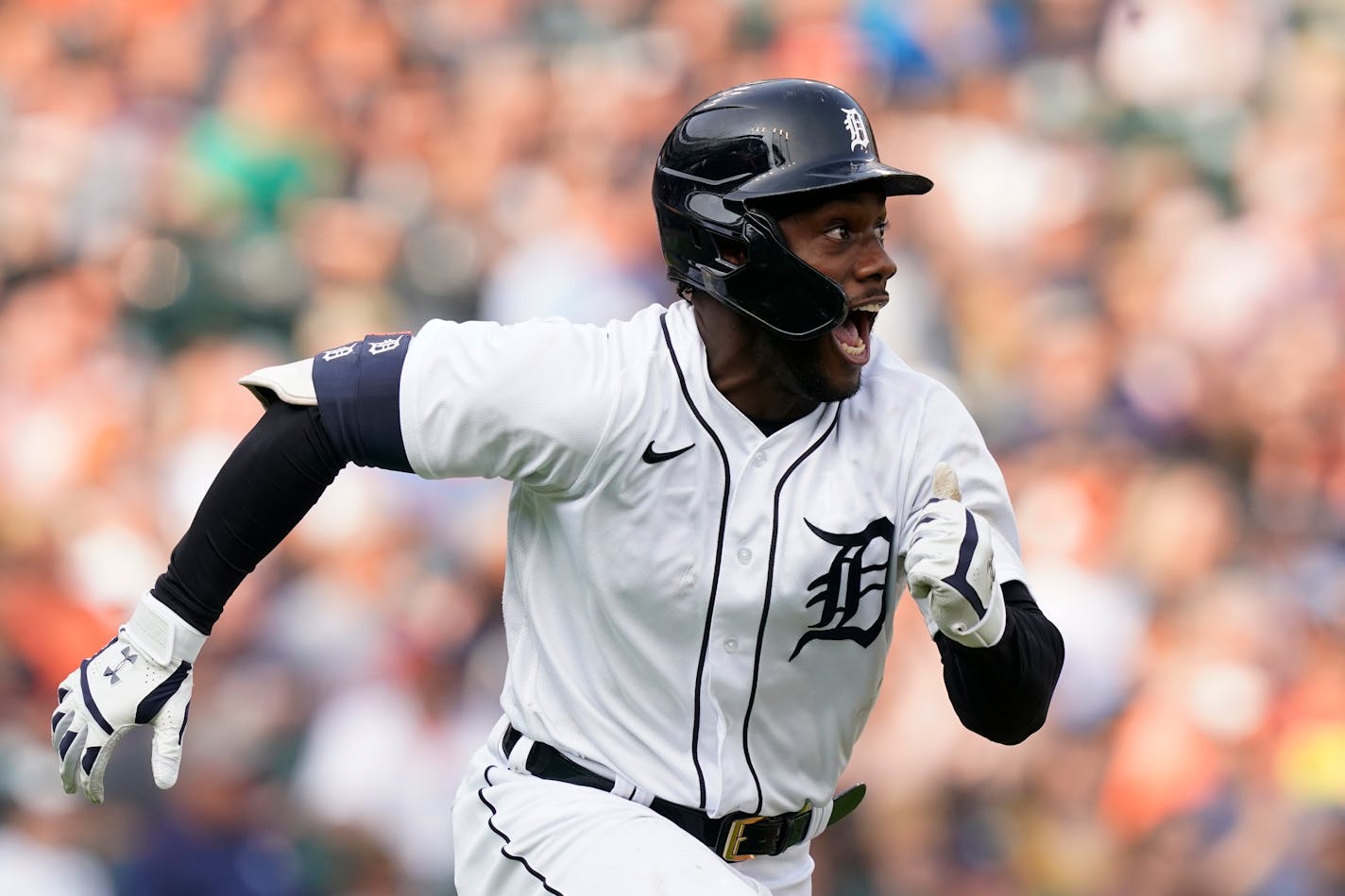 Detroit Tigers' Akil Baddoo reacts after his three-run RBI triple to center during the second inning of the second baseball game of a doubleheader against the Minnesota Twins, Saturday, July 17, 2021, in Detroit. (AP Photo/Carlos Osorio)