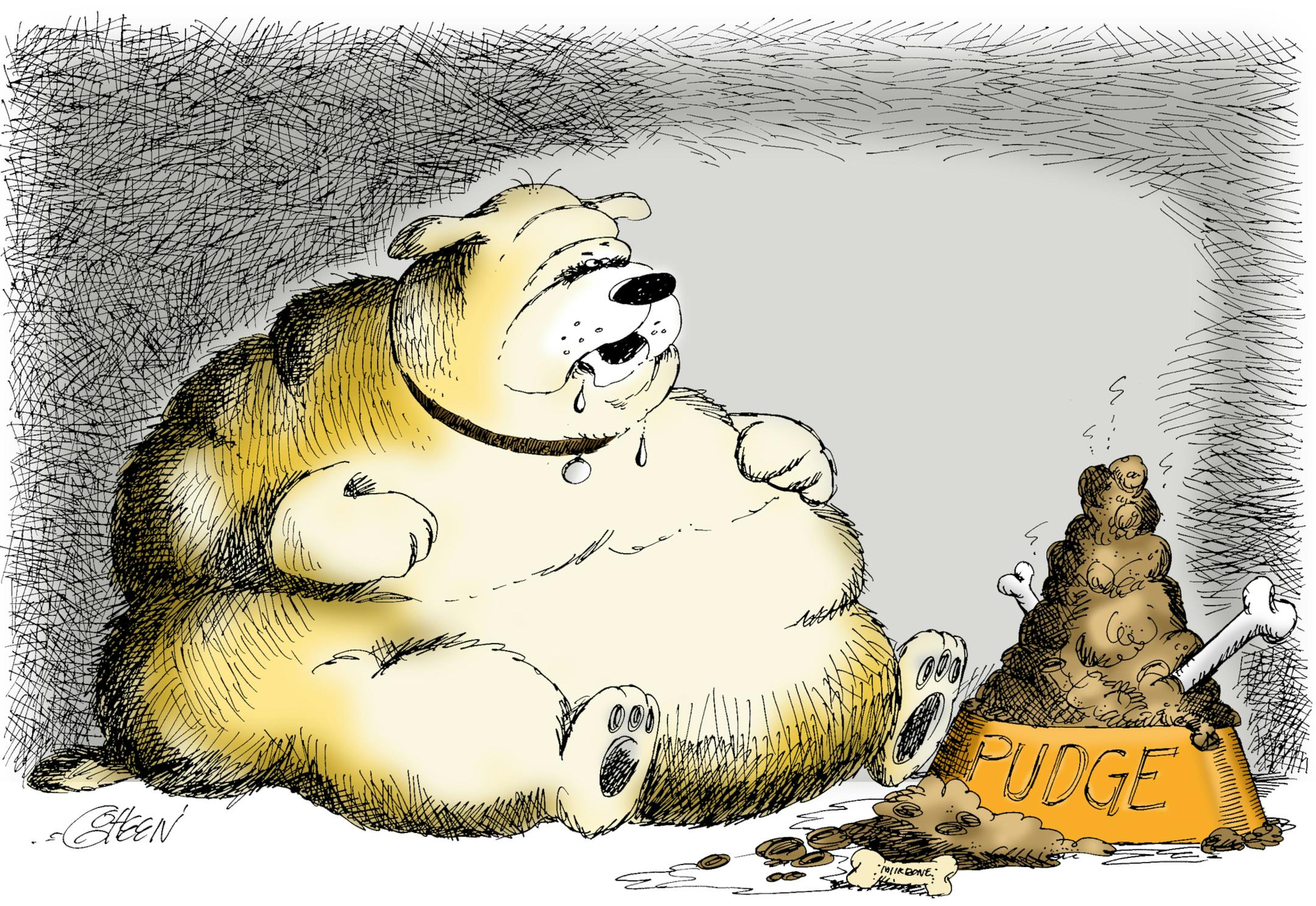 300 dpi 6 col x 8 in / 295x203 mm / 1004x691 pixels Tim Goheen color illustration of obese dog sitting in front of heaping bowl of dog food. KRT 2004 <p> KEYWORDS: krtfeatures features krtnational national krtworld world krt illustration goheen animal dog fat food health krtfood krthealth krtnutrition nutrition obese overweight pet 2004 krt2004