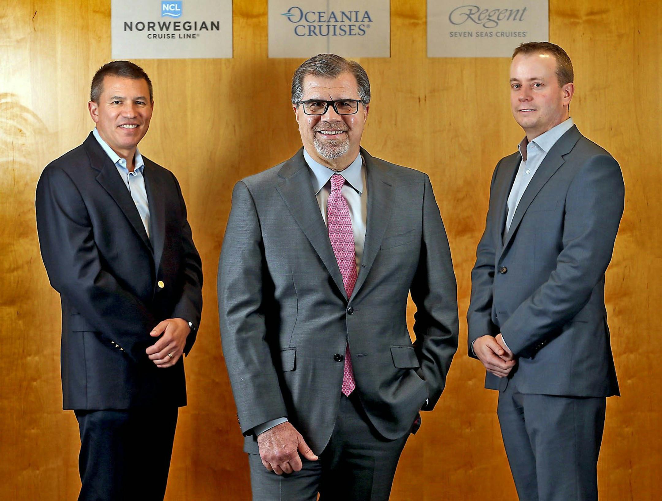 The three new executives on top at Norwegian Cruise Line Holdings are, from left, Andy Stuart, president and chief operating officer of Norwegian Cruise Line; Frank Del Rio, parent company president and CEO; and Jason Montague, president and chief operating officer of Prestige. (Patrick Farrell/Miami Herald/TNS) ORG XMIT: 1176400