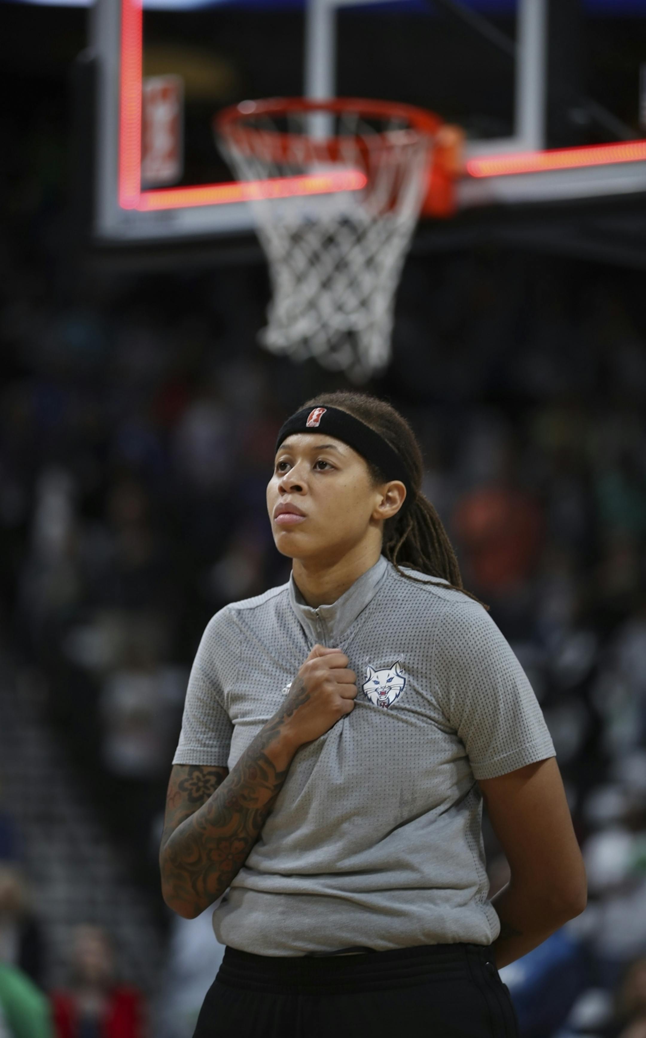 Minnesota Lynx guard Seimone Augustus during the national anthem before the game with Phoenix Friday night.