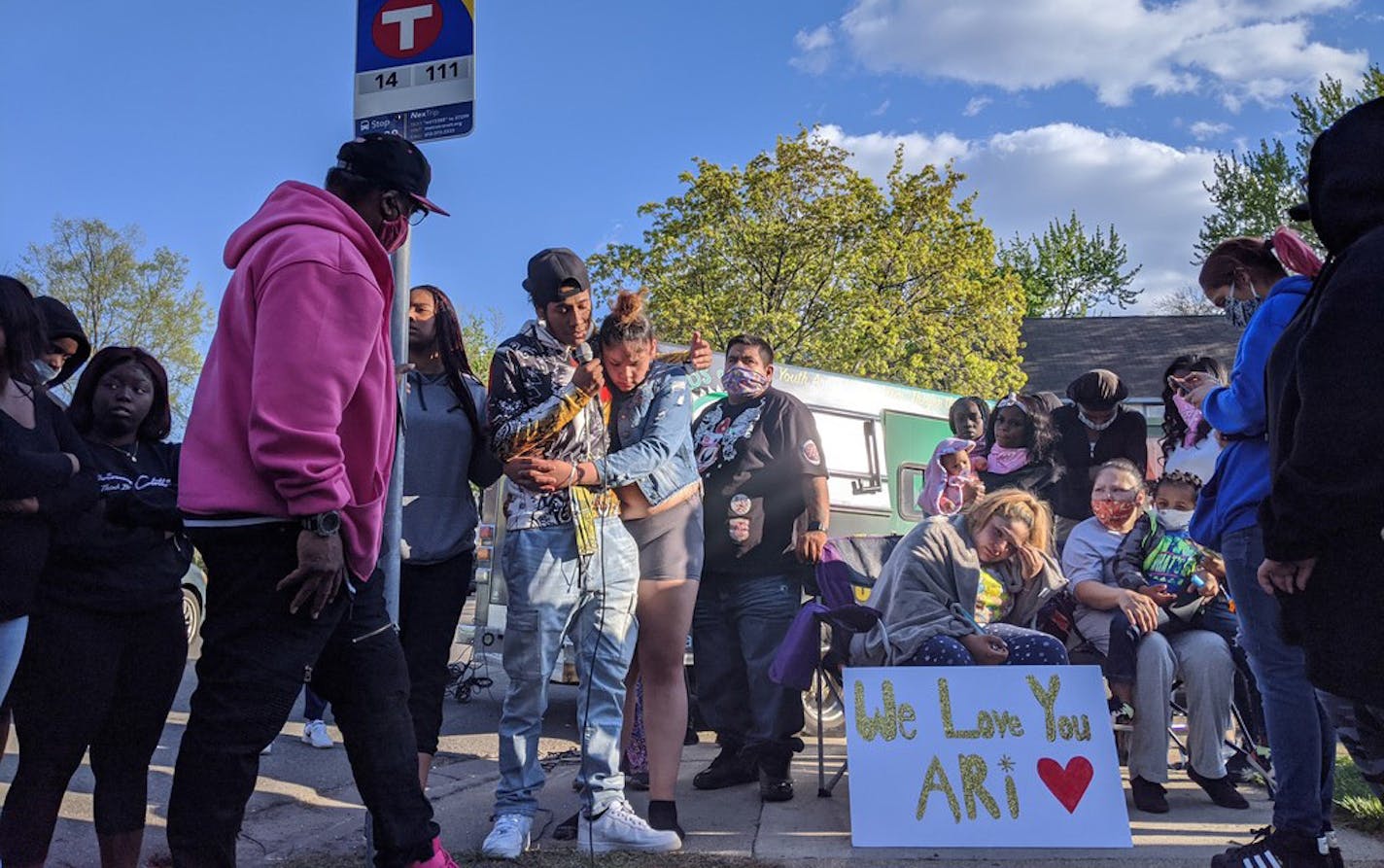 Friends and relatives gathered to pray, chant and share stories of Arionna Buckanaga, who was gravely injured in a south Minneapolis shooting this week.