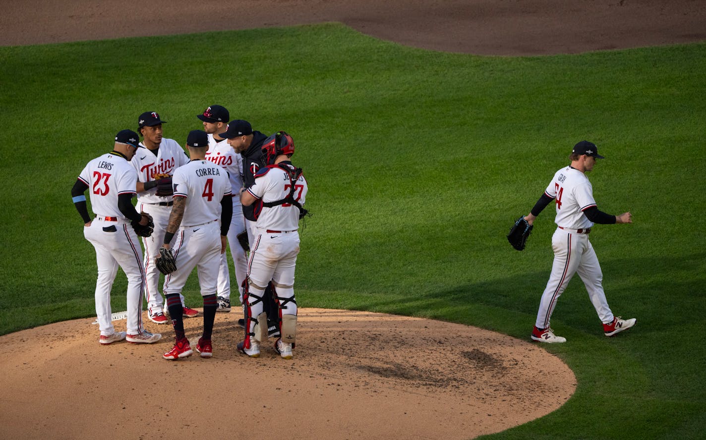 Minnesota Twins starting pitcher Sonny Gray (54) was taken out of the game by manager Rocco Baldelli after giving up a home run to Astros third baseman Alex Bregman in the fifth inning. The Minnesota Twins faced the Houston Astros in Game 3 of their American League Divisional Series Tuesday afternoon, October 10, 2023 at Target Field in Minneapolis. ] JEFF WHEELER • jeff.wheeler@startribune.com