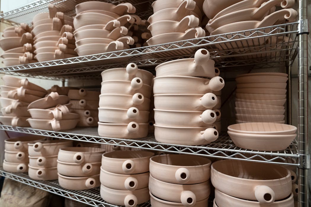 Flameware pottery pieces were ready for glazing at Clay Coyote in Hutchinson, Minn. 
