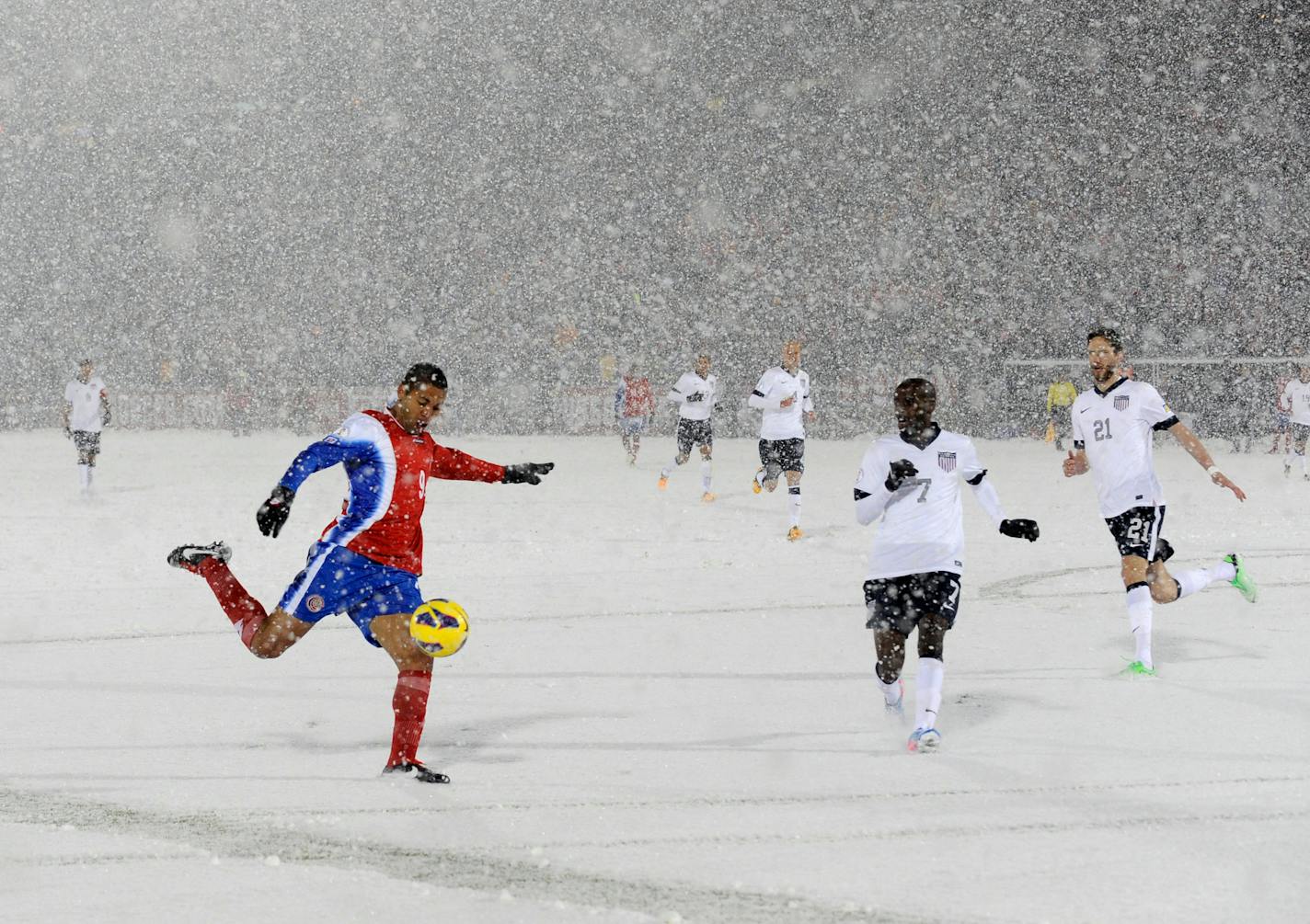 FILE - Costa Rica forward Alvaro Saborio (9) takes a shot on goal against the United States during the second half of a World Cup qualifier soccer match in Commerce City, Colo., Friday, March 22, 2013. The early forecast is in, and the temperature figures to be in the low 20s when the United States plays El Salvador in a World Cup qualifier at Columbus, Ohio, on Jan. 28, 2022. (AP Photo/Jack Dempsey, File)