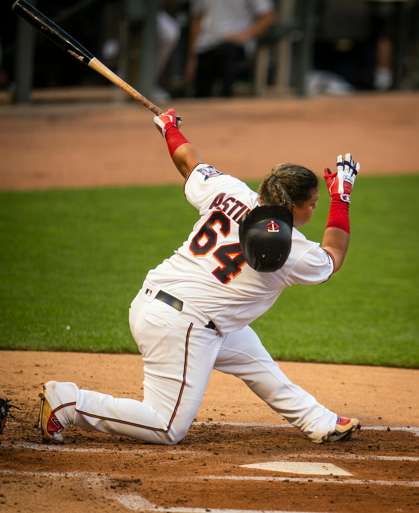 Minnesota Twins third base Willians Astudillo (64) lost his helmet after swinging at the ball for a strike in the second inning. ] LEILA NAVIDI • leila.navidi@startribune.com