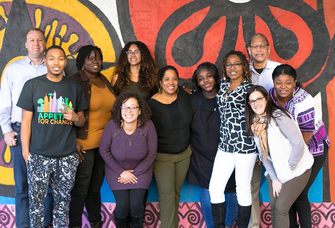 Appetite for Change, a nonprofit on Minneapolis' North Side, won a 2017 Bush Prize for Community Innovation. Some of its staff members are pictured here (left to right): Jon Slock, Jessie McDaniel, Nicole Powell, Miah Ulysse, Tess Montgomery , Lachelle Cunningham, Trejeana Rodgers, Princess Titus, Michelle Horovitz, Darryl Lindey, LaTasha Powell