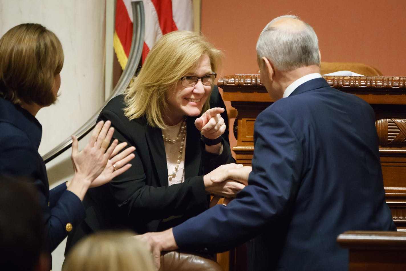 Lt. Governor and Senate President Michelle Fischbach joked with Governor Dayton as he was introduced.