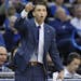 Minnesota Timberwolves interim head coach Ryan Saunders gestures in the first half of an NBA basketball game against the Oklahoma City Thunder in Okla