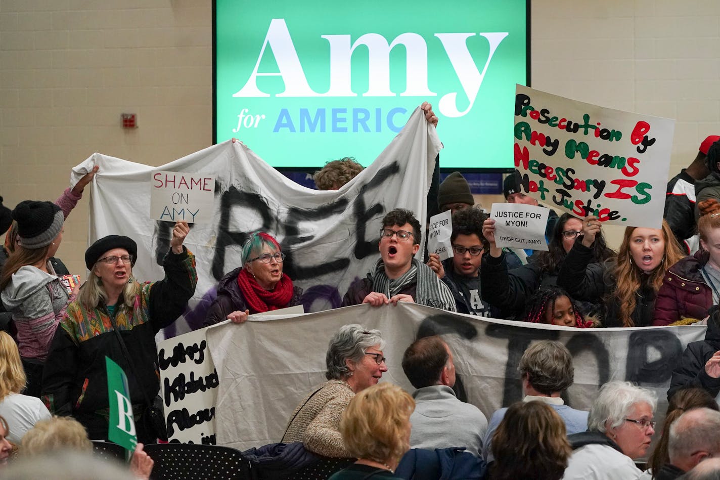 Protesters shouting "Free Myon" and "Black Lives Matter" took over a rally at St. Louis Park High before Sen. Amy Klobuchar was to speak on Sunday, March 1.