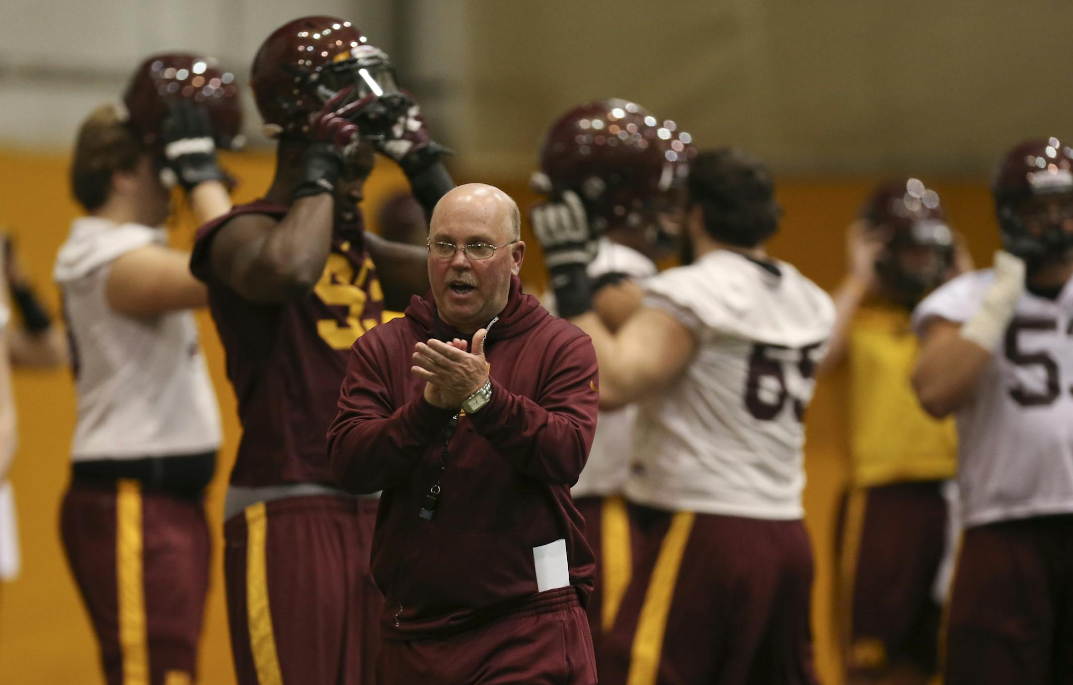 The University of Minnesota football team held their first day of spring practice indoors at the Gibson-Nagurski Football Complex Tuesday afternoon, March 26