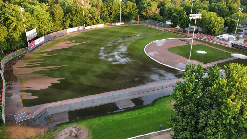 Memorial Ballpark in Dundas, Minn., on Tuesday, June 25, 2024, only days after the ballpark had flooded from the rising Cannon River.