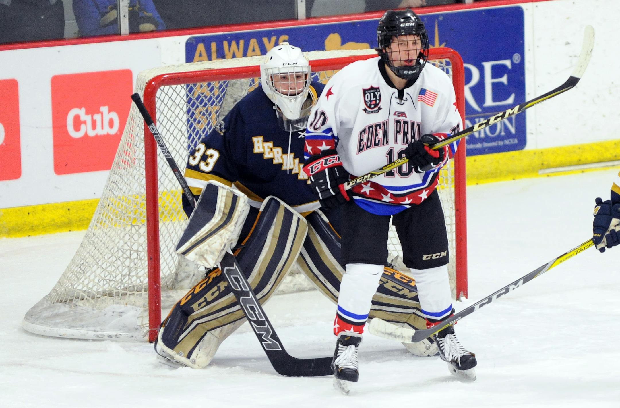 The North-South Classic moves to Brainerd this season. Last year Eden Prairie and forward Garrett Smith squared off with Hermantown and goaltender Cole Manahan in the Twin Cities. Photo: Loren Nelson, SportsEngine