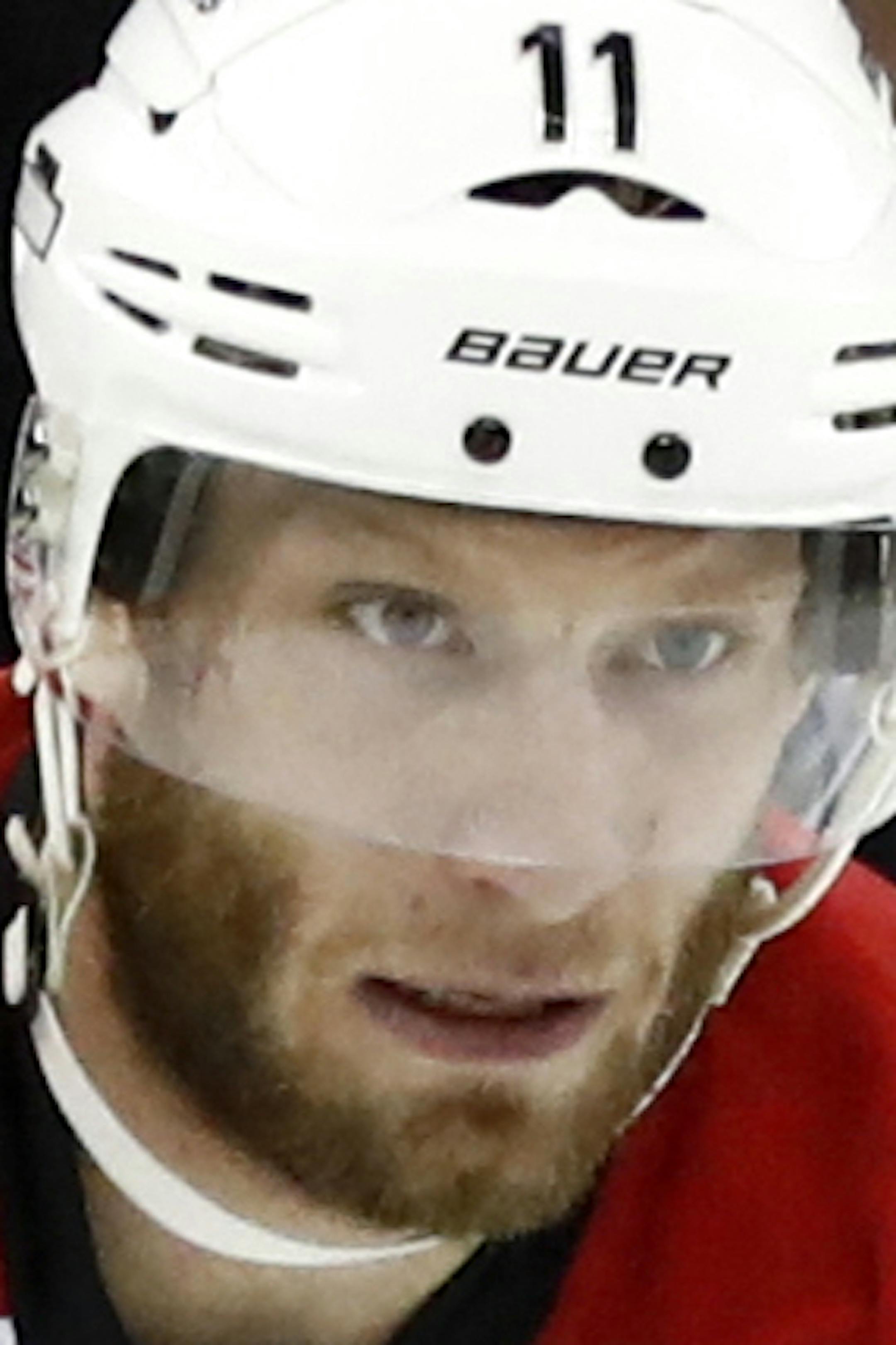 Carolina Hurricanes center Jordan Staal (11) skates against the New Jersey Devils during the first period of an NHL hockey game, Saturday, March 25, 2017, in Newark, N.J. (AP Photo/Julio Cortez) ORG XMIT: NJJC11