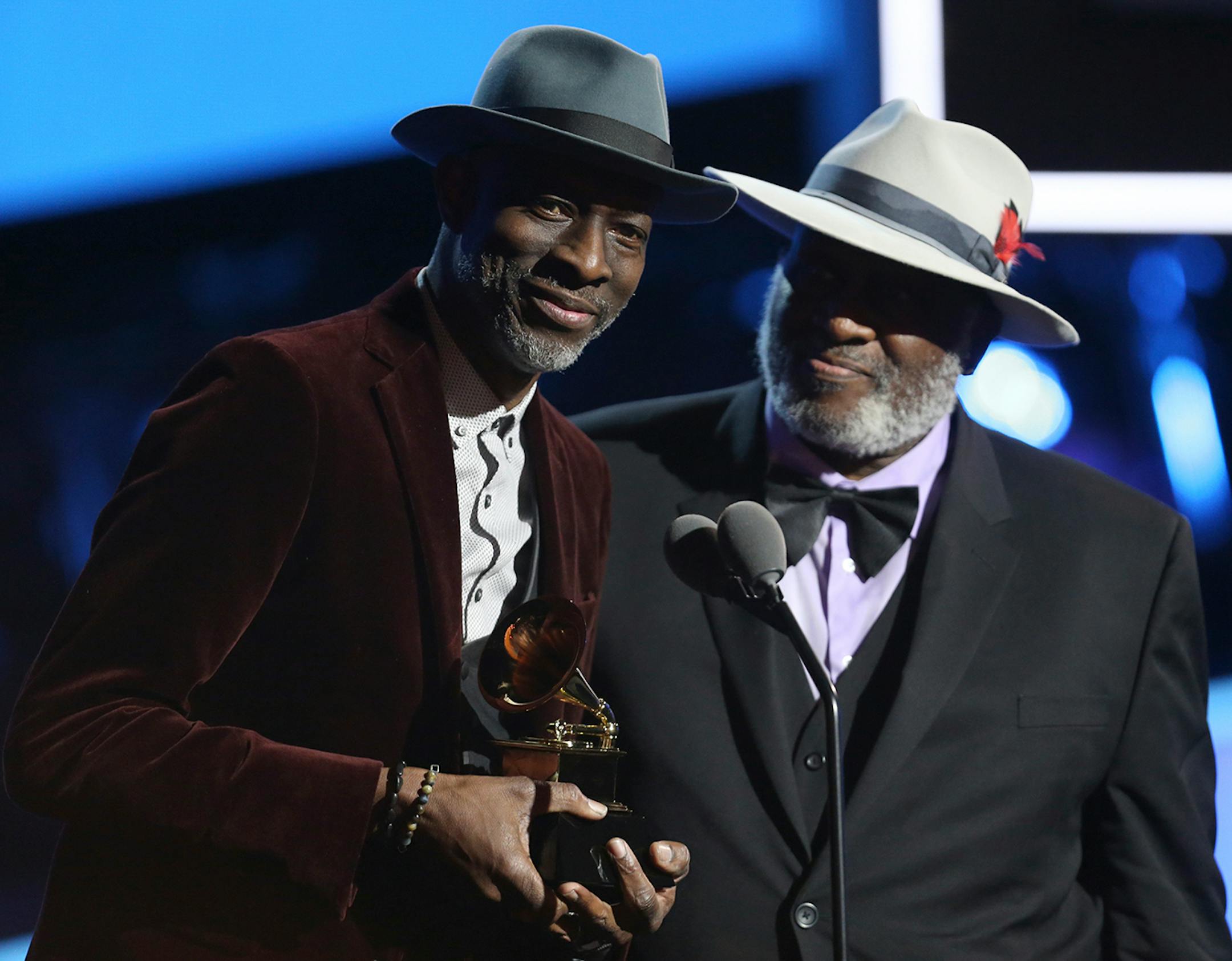 Keb' Mo', left, and Taj Mahal accept the best contemporary blues album award for "TajMo" at the 60th annual Grammy Awards at Madison Square Garden on Sunday, Jan. 28, 2018, in New York.