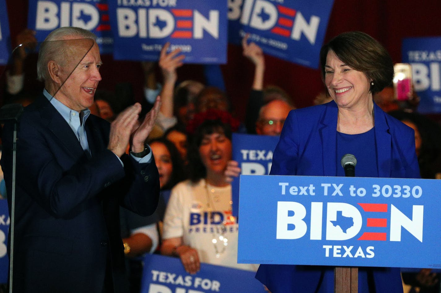 Sen. Amy Klobuchar, D-Minn., endorses Democratic presidential candidate former Vice President Joe Biden at a campaign rally Monday, March 2, 2020 in Dallas. (AP Photo/Richard W. Rodriguez)