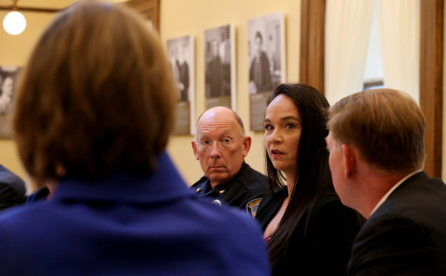 Minnesota Attorney General Lori Swanson's sexual assault working group is scheduled to meet for the first time Tuesday in response to the Star Tribune's series on failed rape investigations. Here, Swanson, left, listens as Nicole Matthews, second from right, of the Minnesota Indian Women's Sexual Assault Coalition, introduces herself to the members of the Tuesday Sept. 18, 2018, at the State Capitol in St. Paul, MN.