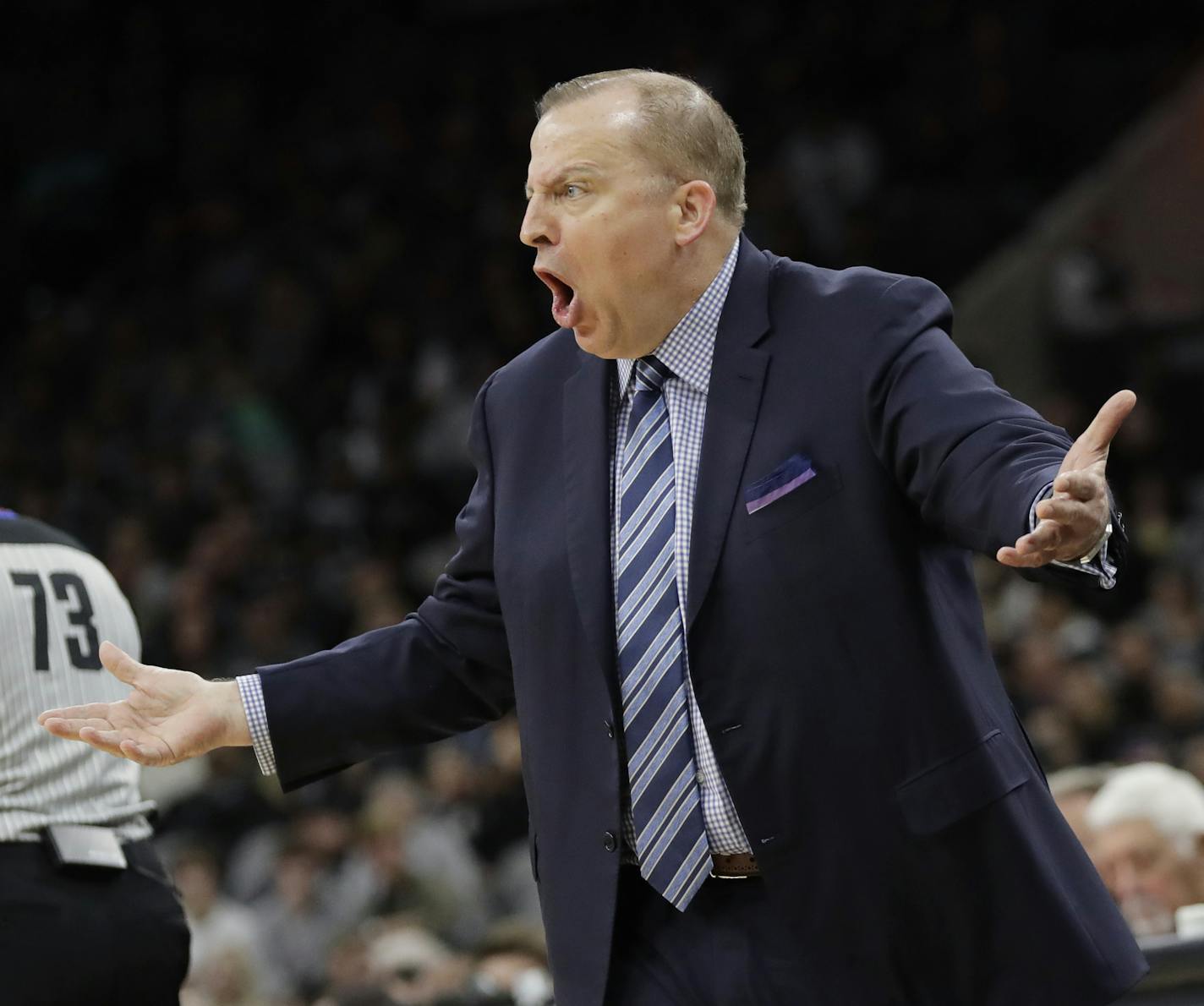 Minnesota Timberwolves head coach Tom Thibodeau argues a call during the first half of an NBA basketball game against the San Antonio Spurs, Wednesday, Oct. 17, 2018, in San Antonio. (AP Photo/Eric Gay)